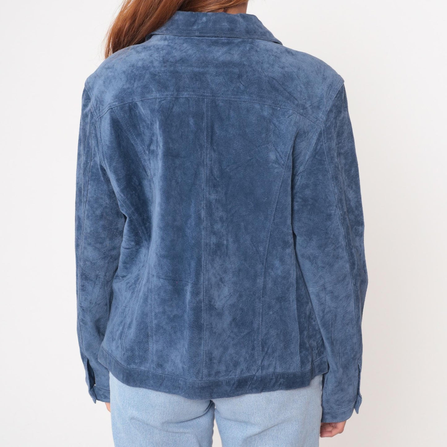 Y2K Blue Suede Jacket Collared Trucker Western Chest Pockets Extra Large