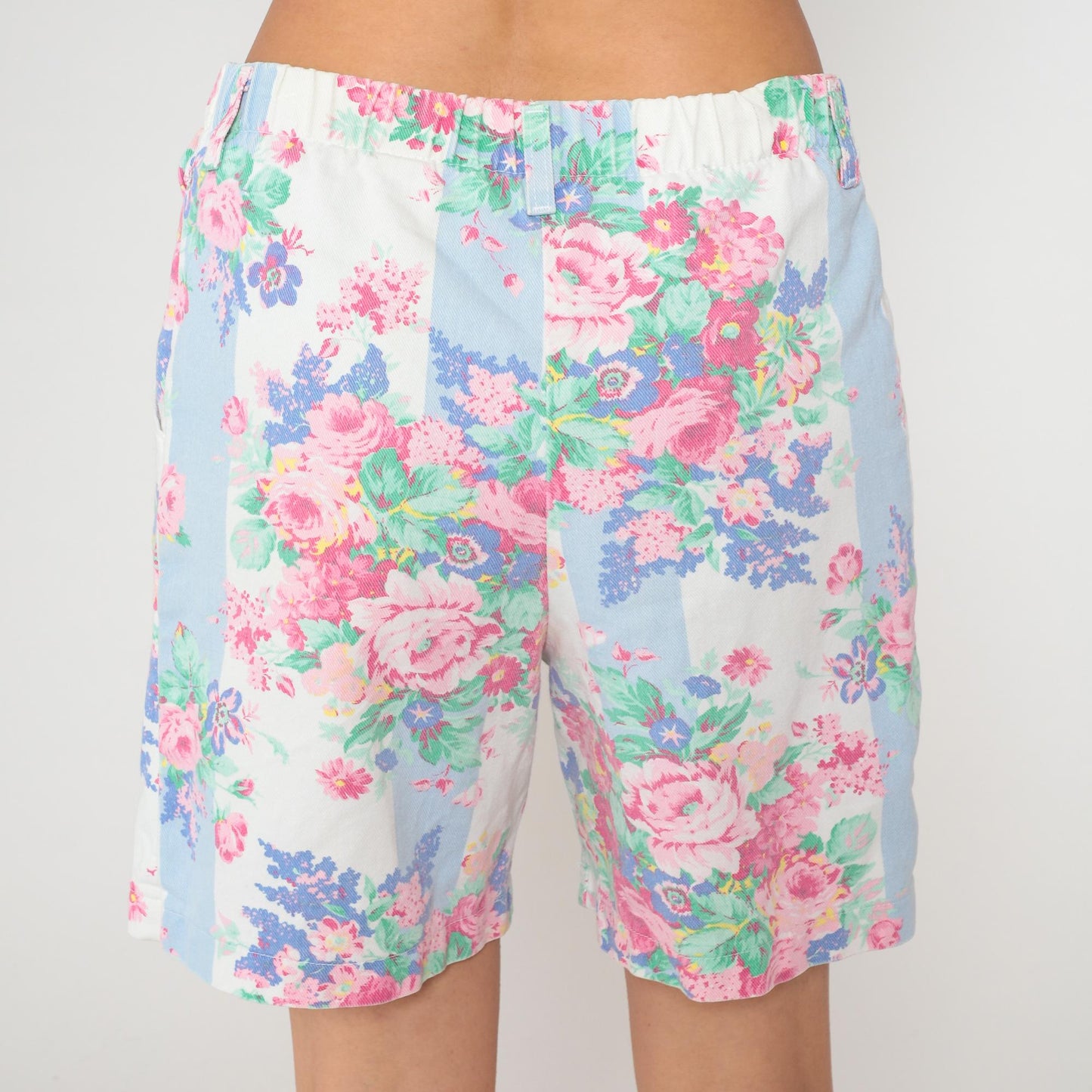 90s Vivaldi Floral Shorts High Waisted Pink Blue Cotton Pockets Medium