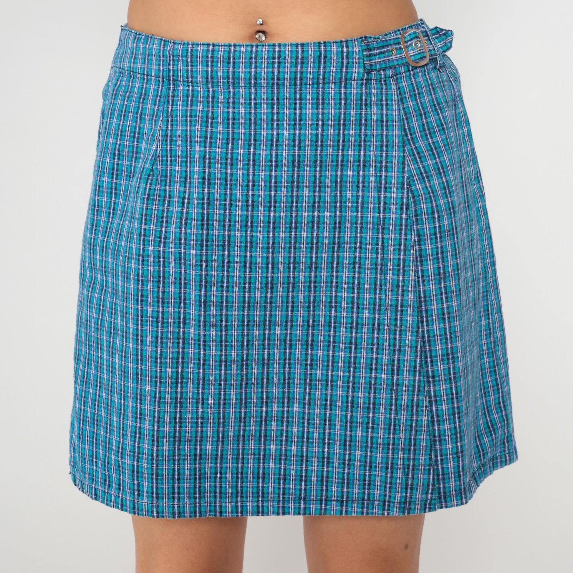 Y2K White Stag Blue Plaid Skort High Waisted Cotton Mini Medium