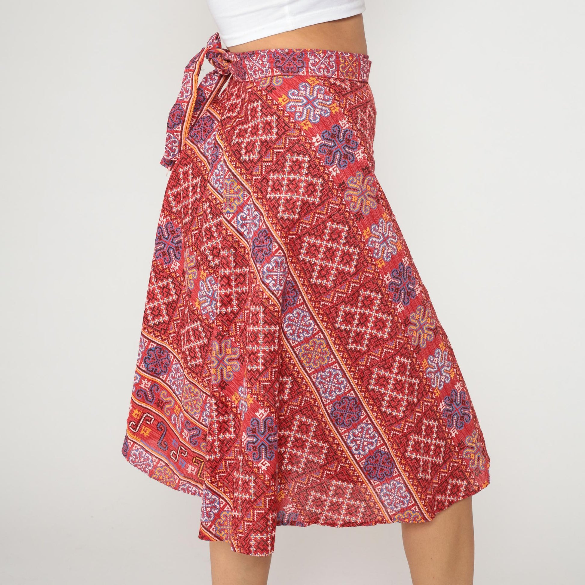 70s Paisley Wrap Skirt Coral Red Ethnic Geometric Print Knee Length Medium