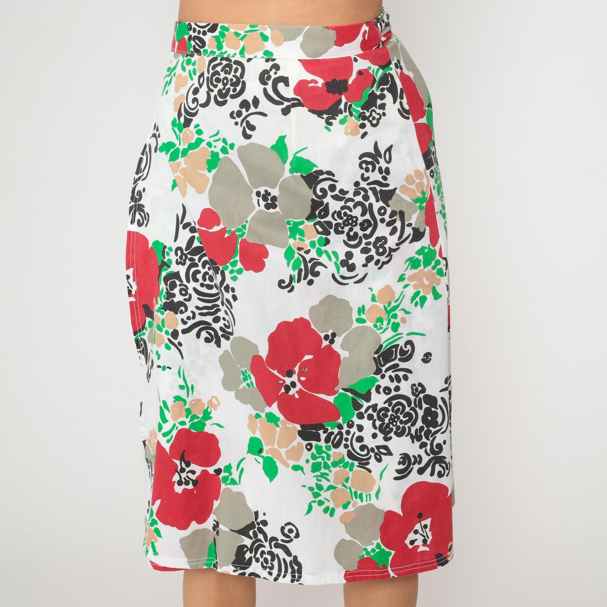 80s Floral Wrap Skirt Red White Black Green Knee-Length Tie Waist Medium