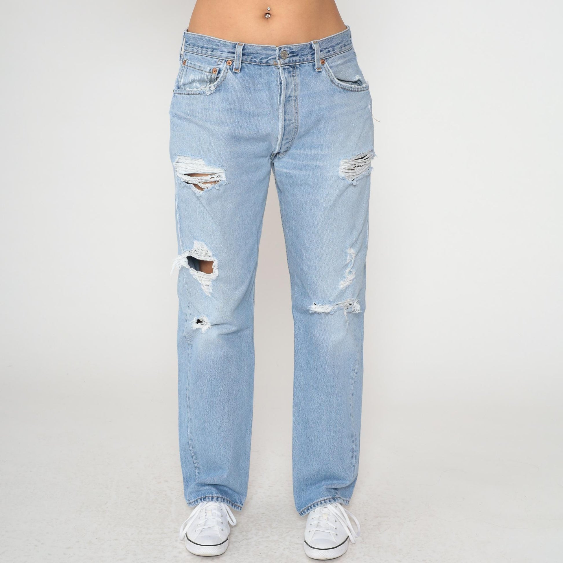 90s Levi's 501 Light Blue Distressed Denim Jeans Straight Leg 34