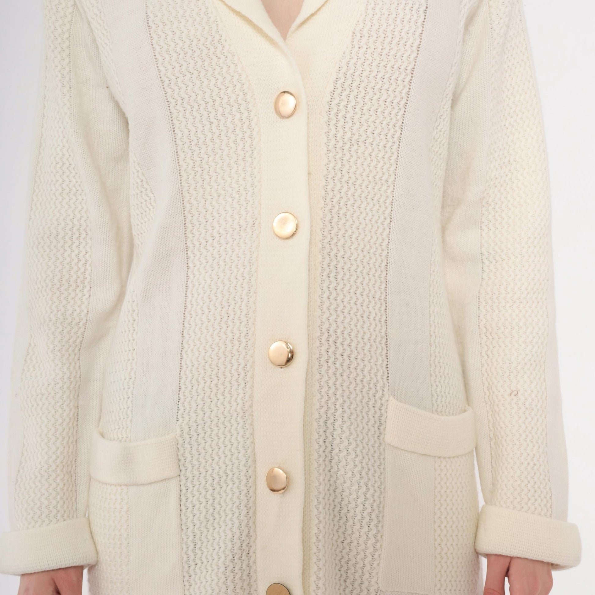 70s Cream Cable Knit Cardigan Dress Collared Button Front Large L