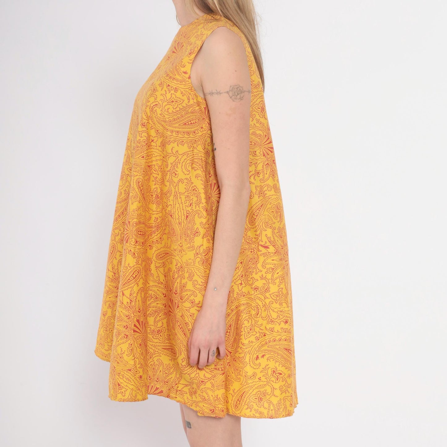 60s Gay Gibson Paisley Shift Dress Yellow Red Sleeveless XS