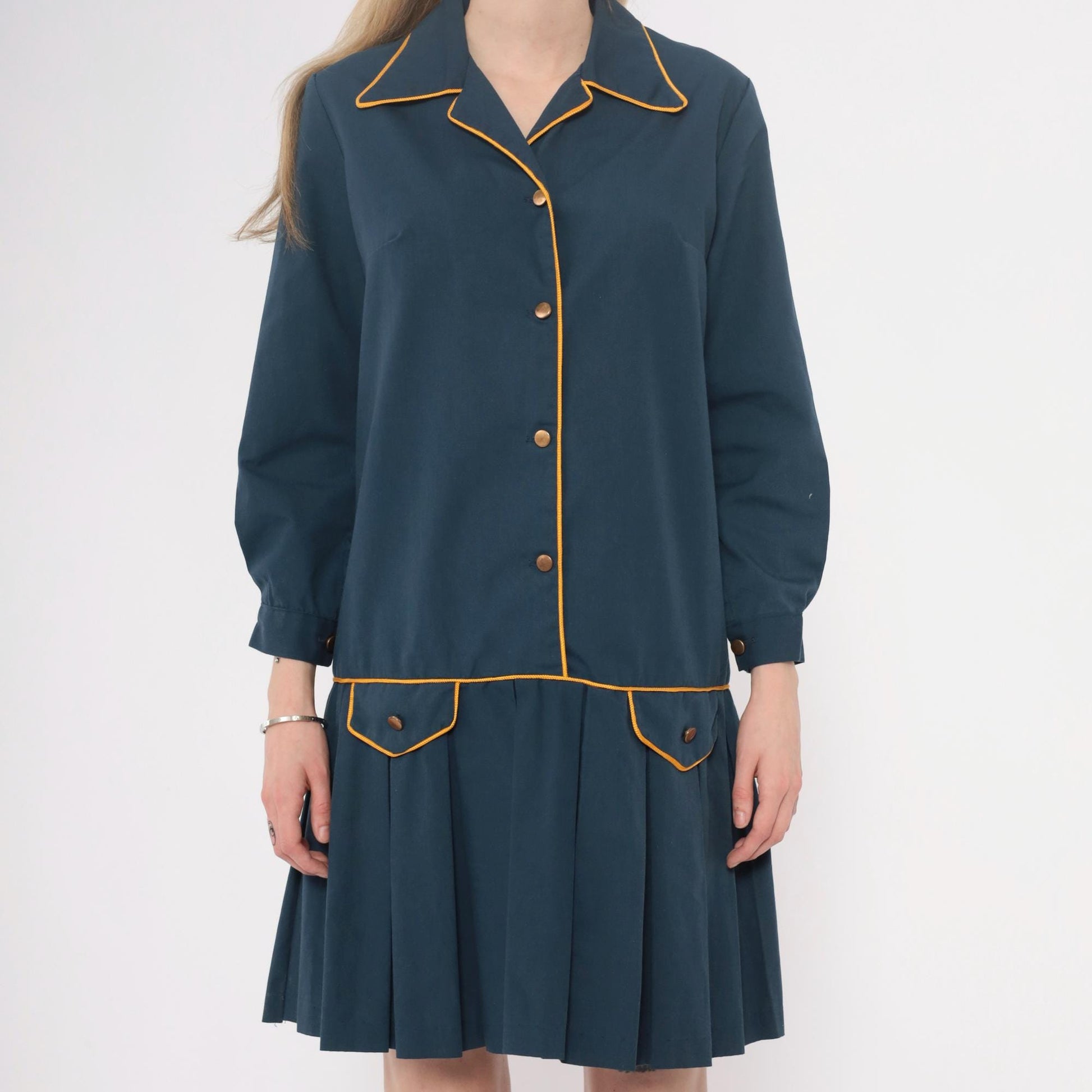 60s Navy Cotton Collared Drop Waist Dress Yellow Piping Pleated Small
