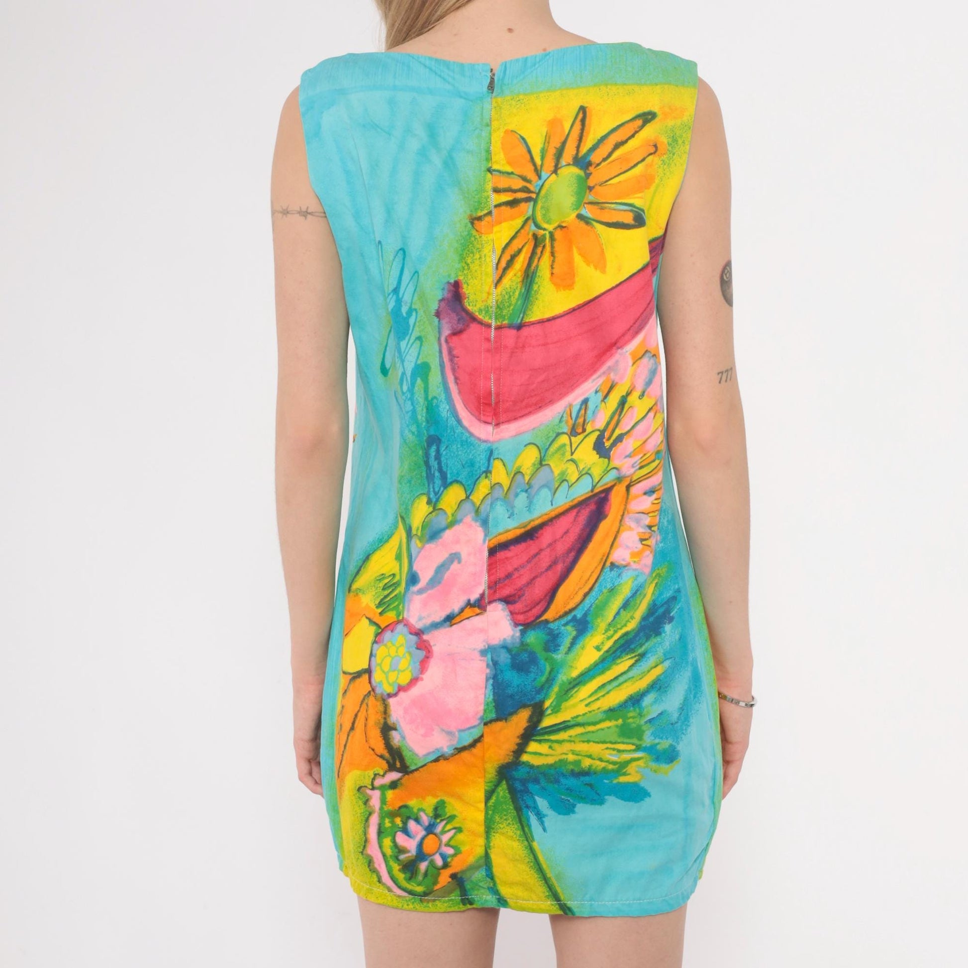60s Psychedelic Floral Mini Dress Shift Sleeveless Cotton Turquoise Small