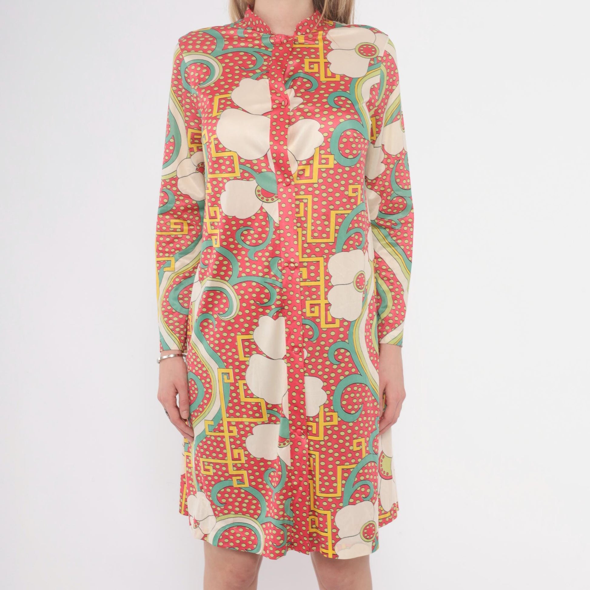 70s Psychedelic Floral Tunic Dress Pink Cream Mint Knee-Length Medium M