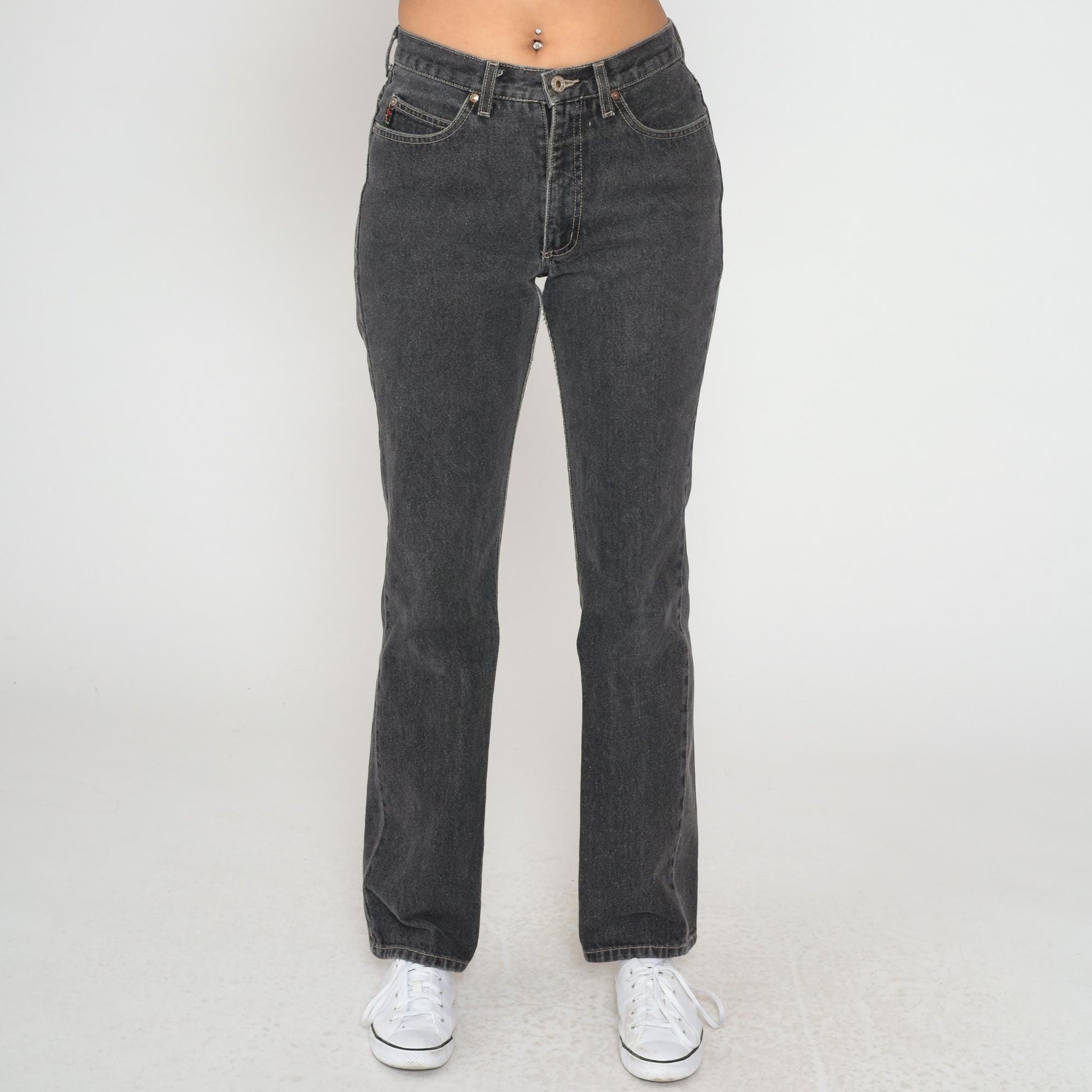 90s Guess Black Straight Leg Jeans High Waist Denim Yellow Stitching Size 29