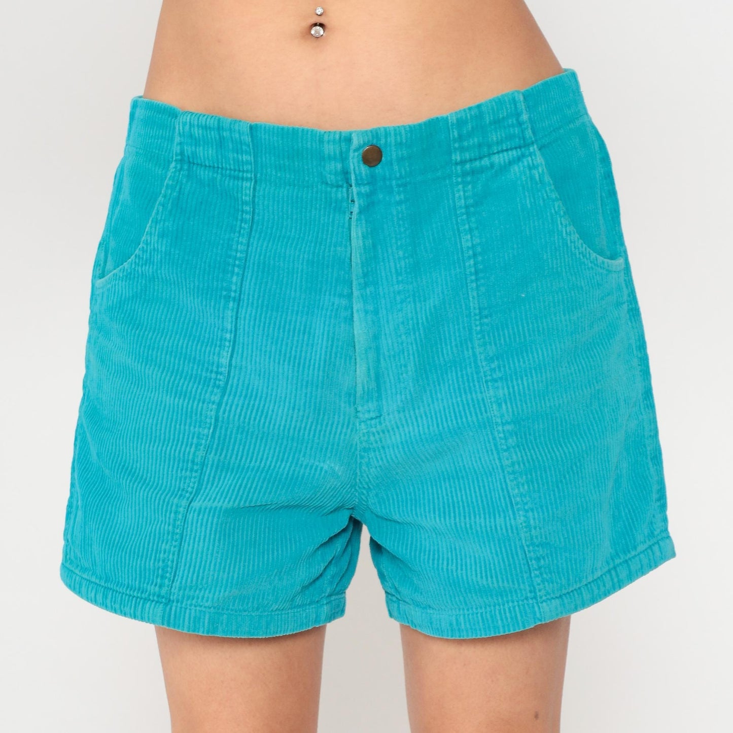 80s Turquoise Corduroy Shorts High Waisted Mini Elastic Waist Large