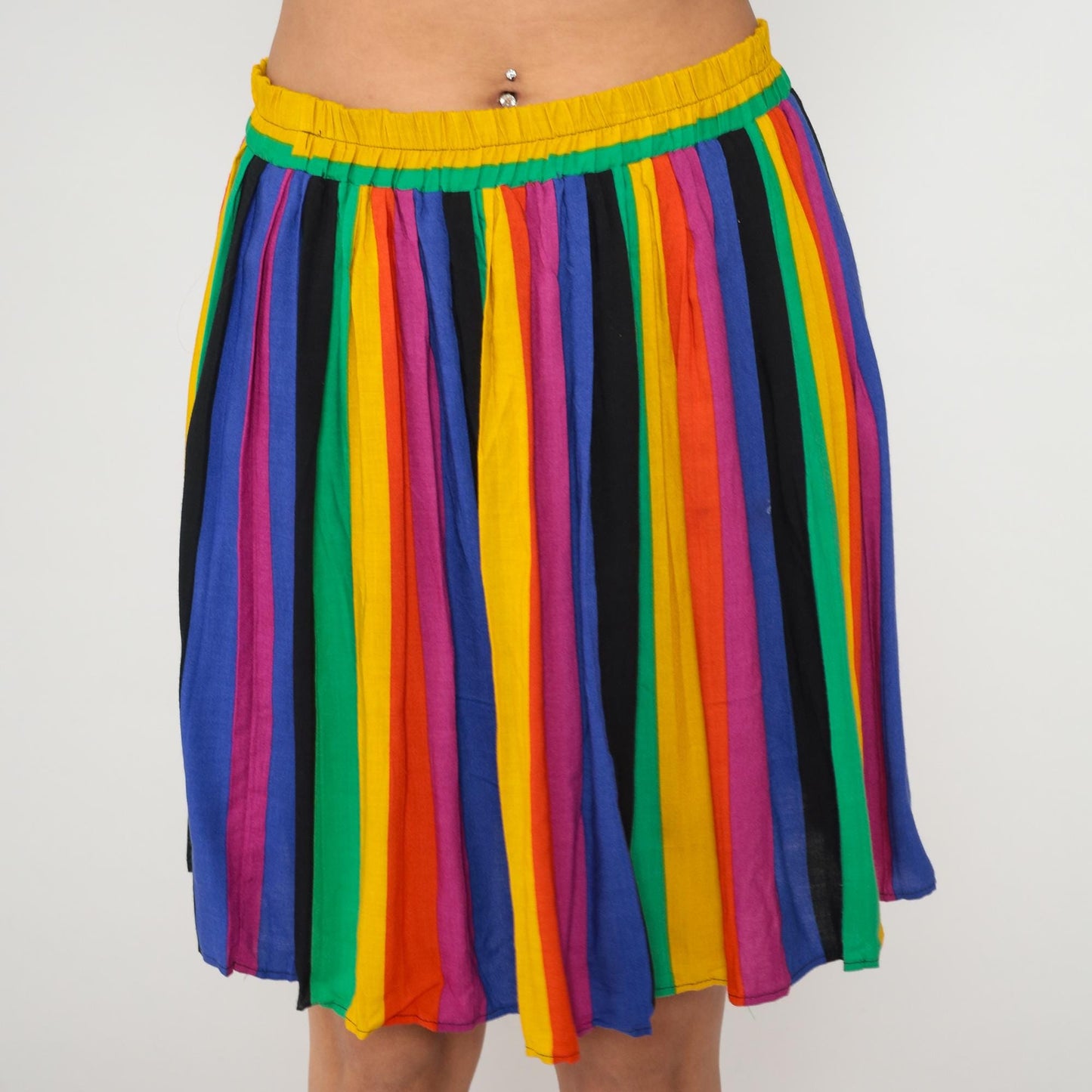80s Rainbow Stripe Mini Skirt High Waisted Pleated Yellow Green Blue Red Medium M