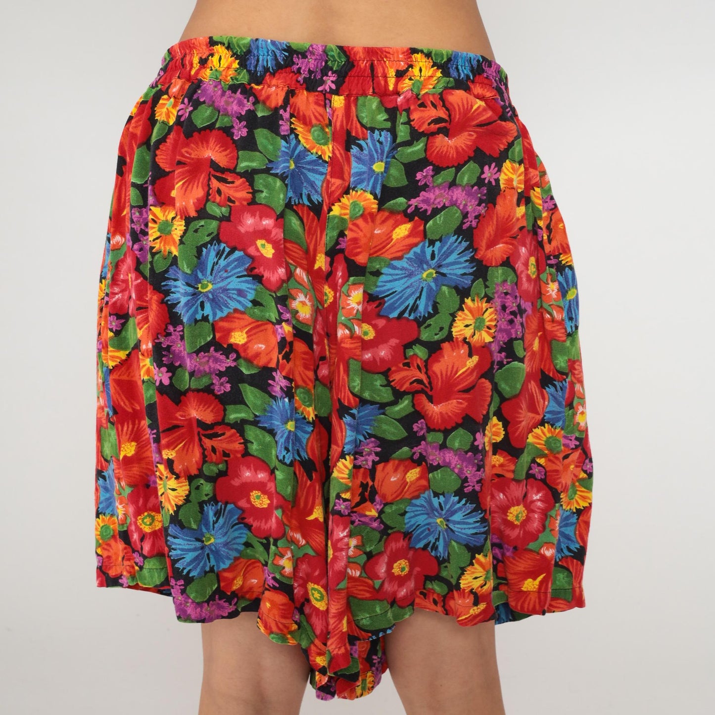90s Tropical Floral Shorts Plus Size Hibiscus Print Black Rayon XXL