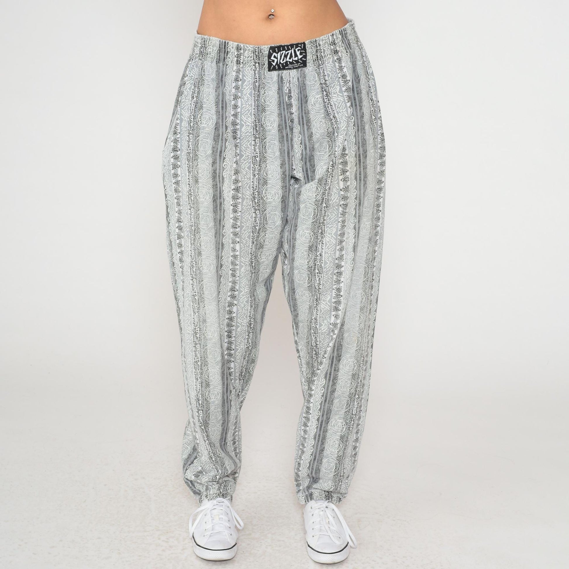 90s Sizzle Geometric Print Lounge Pants Grey White Elastic Waist Large