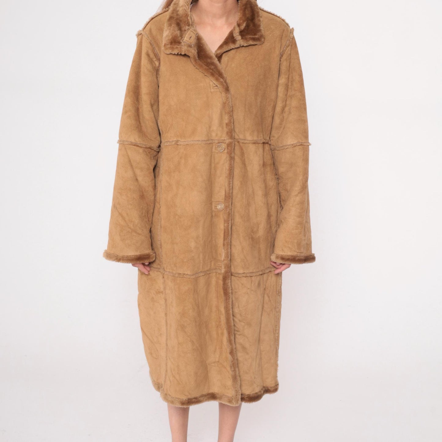 Y2K St Johns Bay Tan Faux Shearling Coat Fur-Trimmed Collar Petite Large