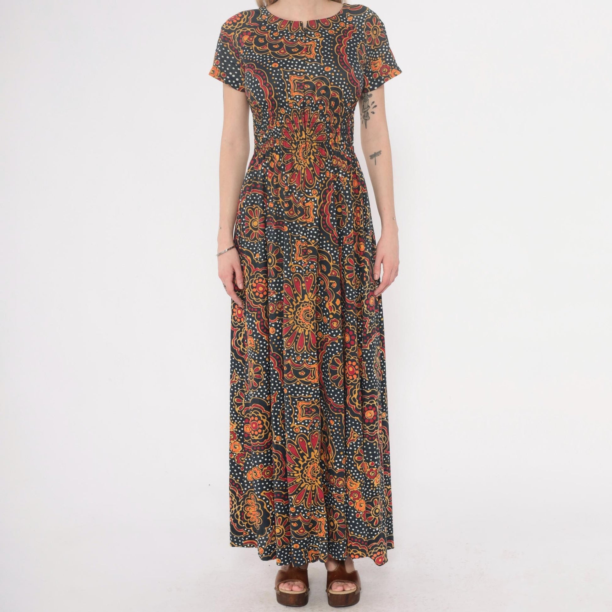 70s Psychedelic Maxi Dress Paisley Floral Navy Orange Red Yellow Small