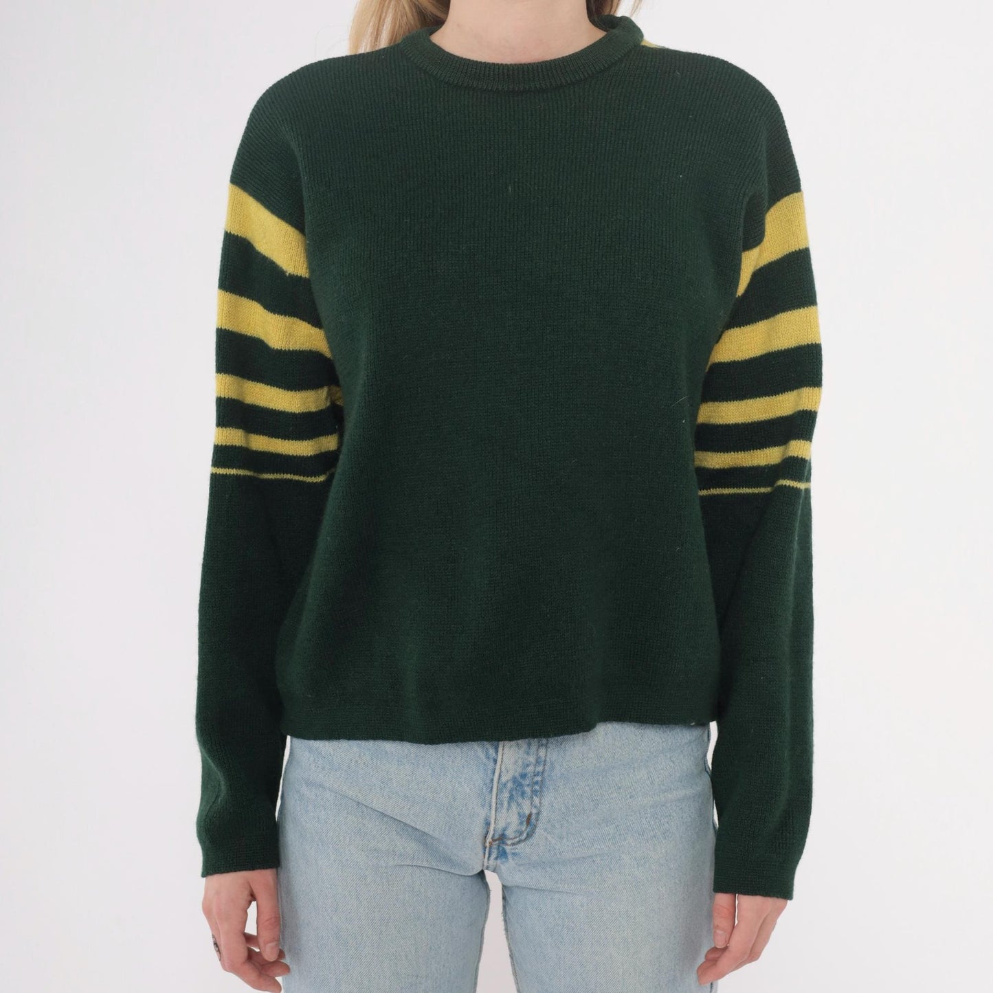 70s Norvyk by Renoir Wool Sweater Forest Green Striped Sleeves Large