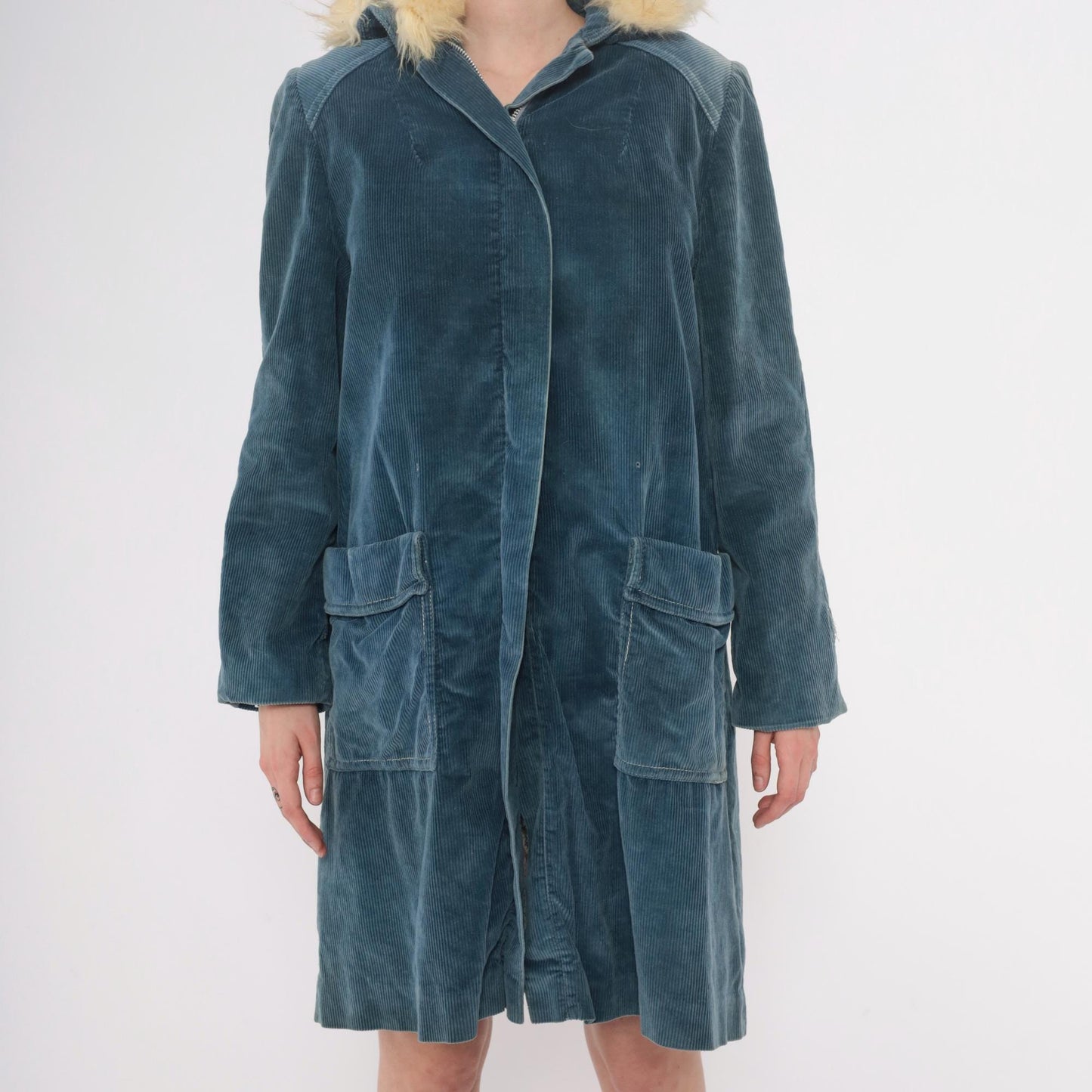 70s Blue Corduroy Jacket Cream Fur Collar Shearling Lined Knee Length Small