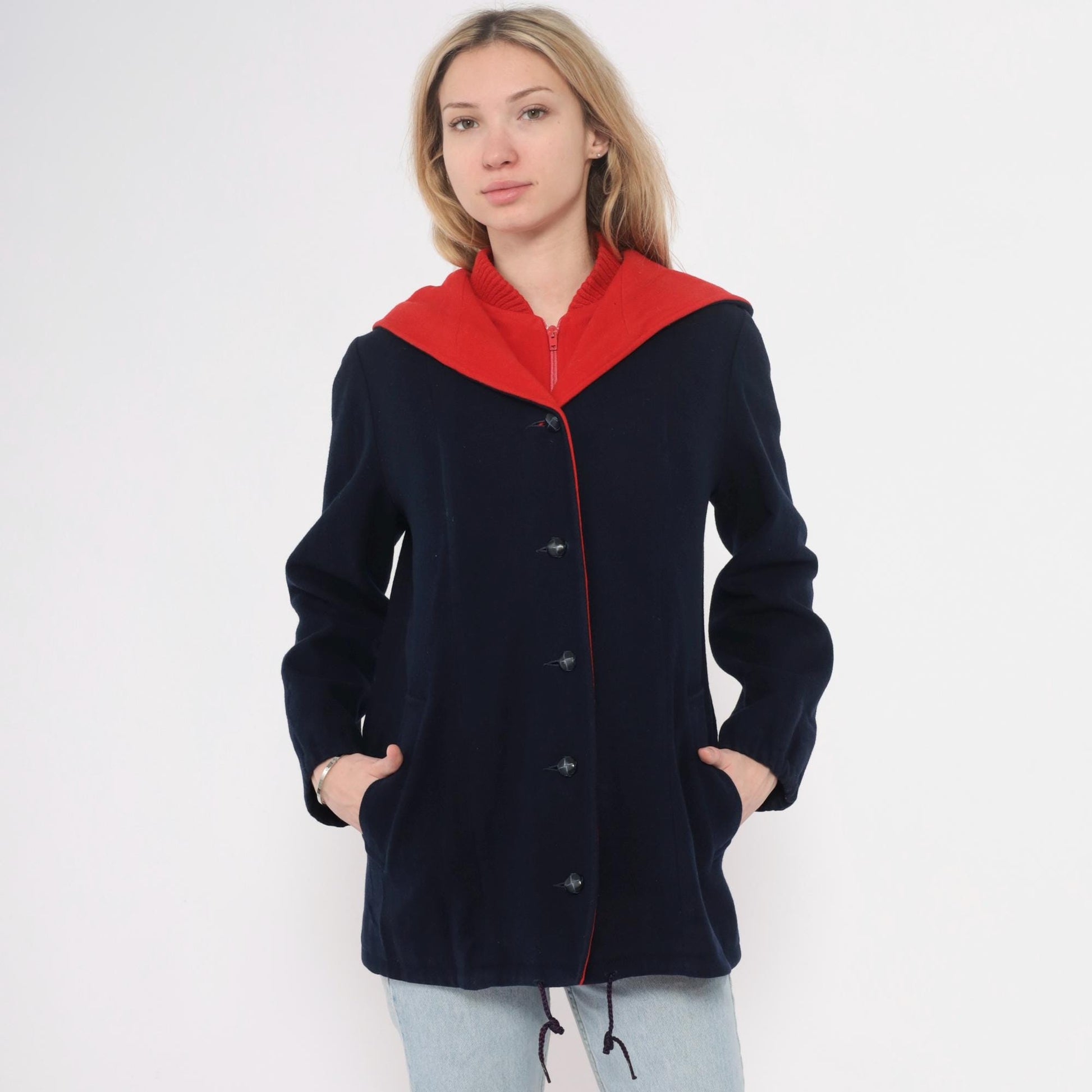 70s Mackintosh Wool Hooded Toggle Coat Navy Red Colour Block Medium
