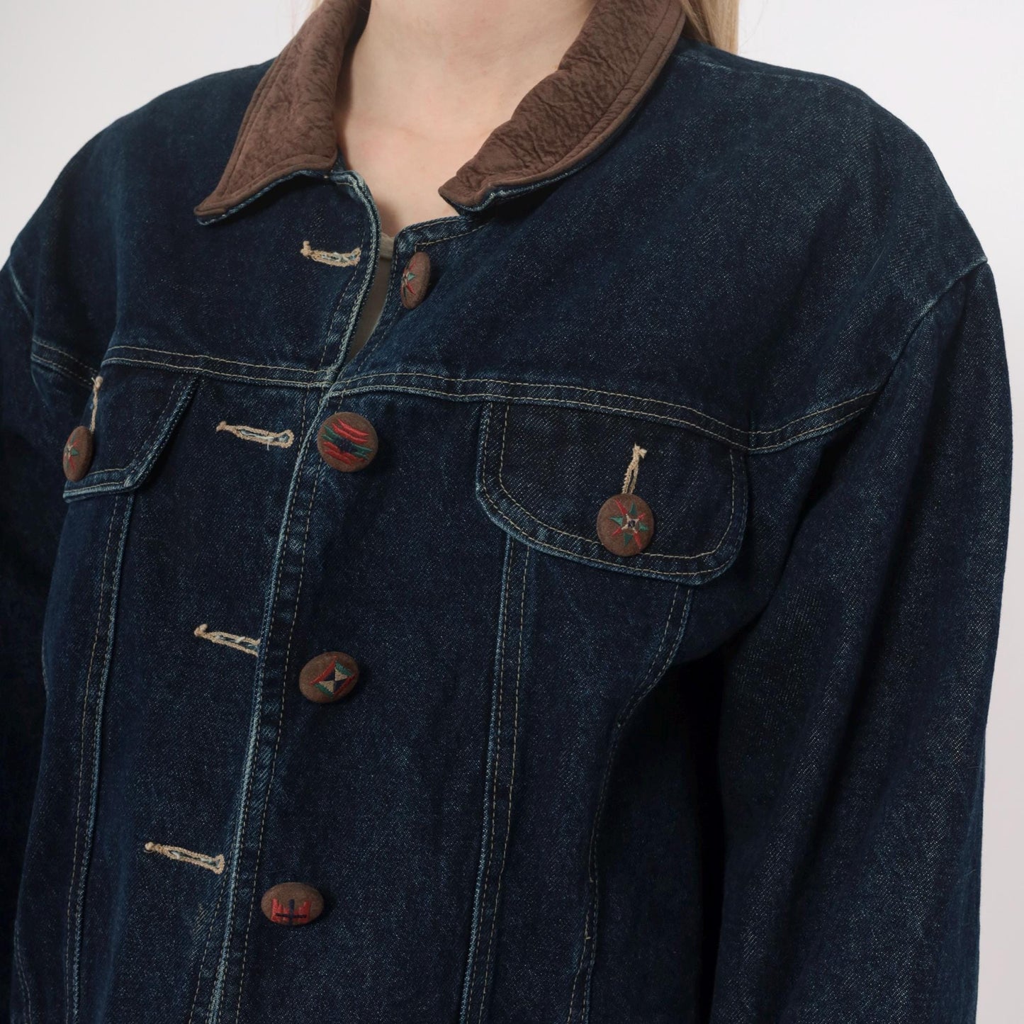 90s Coldwater Creek Cropped Denim Jacket Scalloped Hem Dark Wash Large L