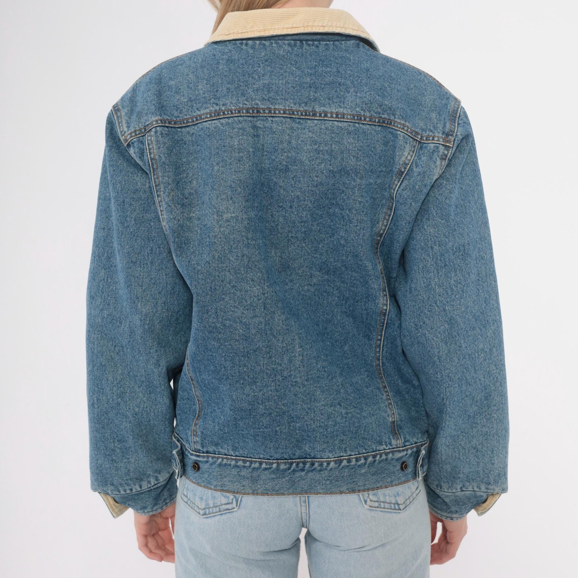 90s Denim Trucker Jacket Corduroy Collar Flannel Lined Medium Blue