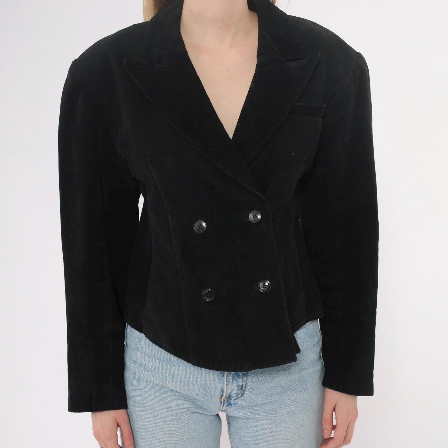 90s Winlit Black Leather Double Breasted Cropped Blazer Notched Lapel Small S