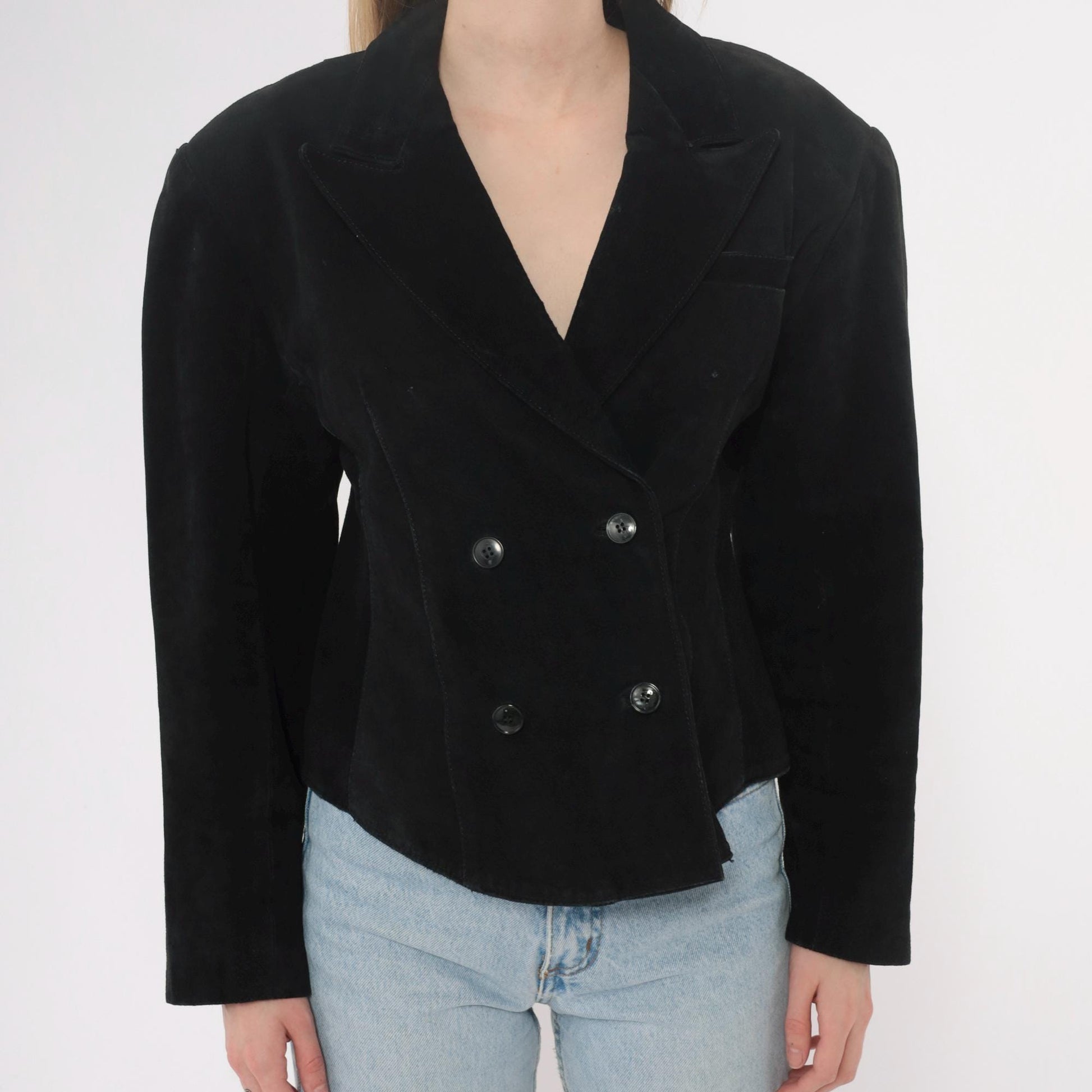 90s Winlit Black Leather Double Breasted Cropped Blazer Notched Lapel Small S