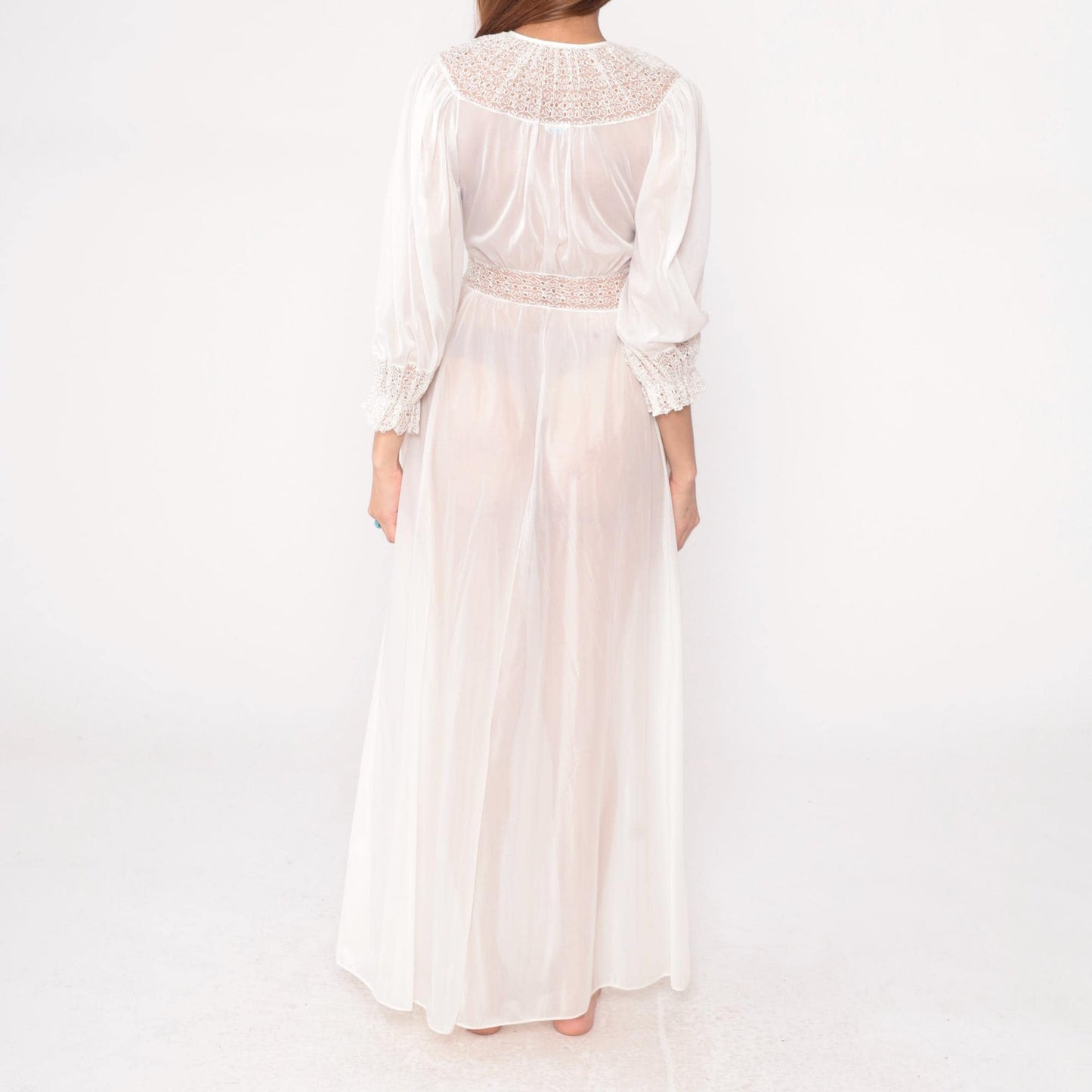 70s Lady Leonora Lace Robe Off-White Nylon Tie-Front Maxi Negligee Small