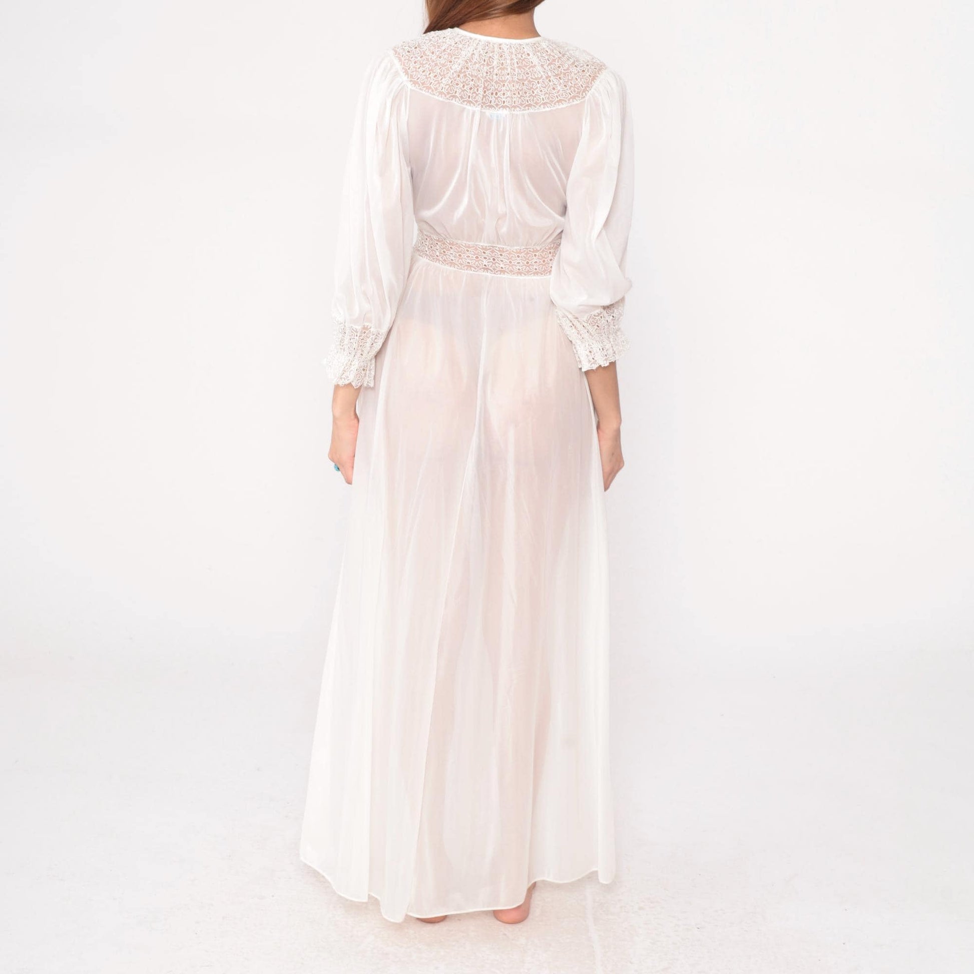 70s Lady Leonora Lace Robe Off-White Nylon Tie-Front Maxi Negligee Small