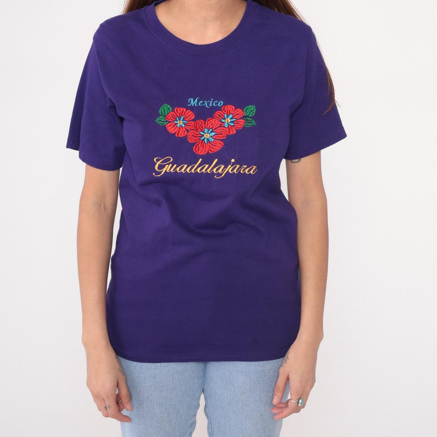 Y2K Yazbek Mexico Guadalajara Embroidered Floral T-Shirt Purple Small S