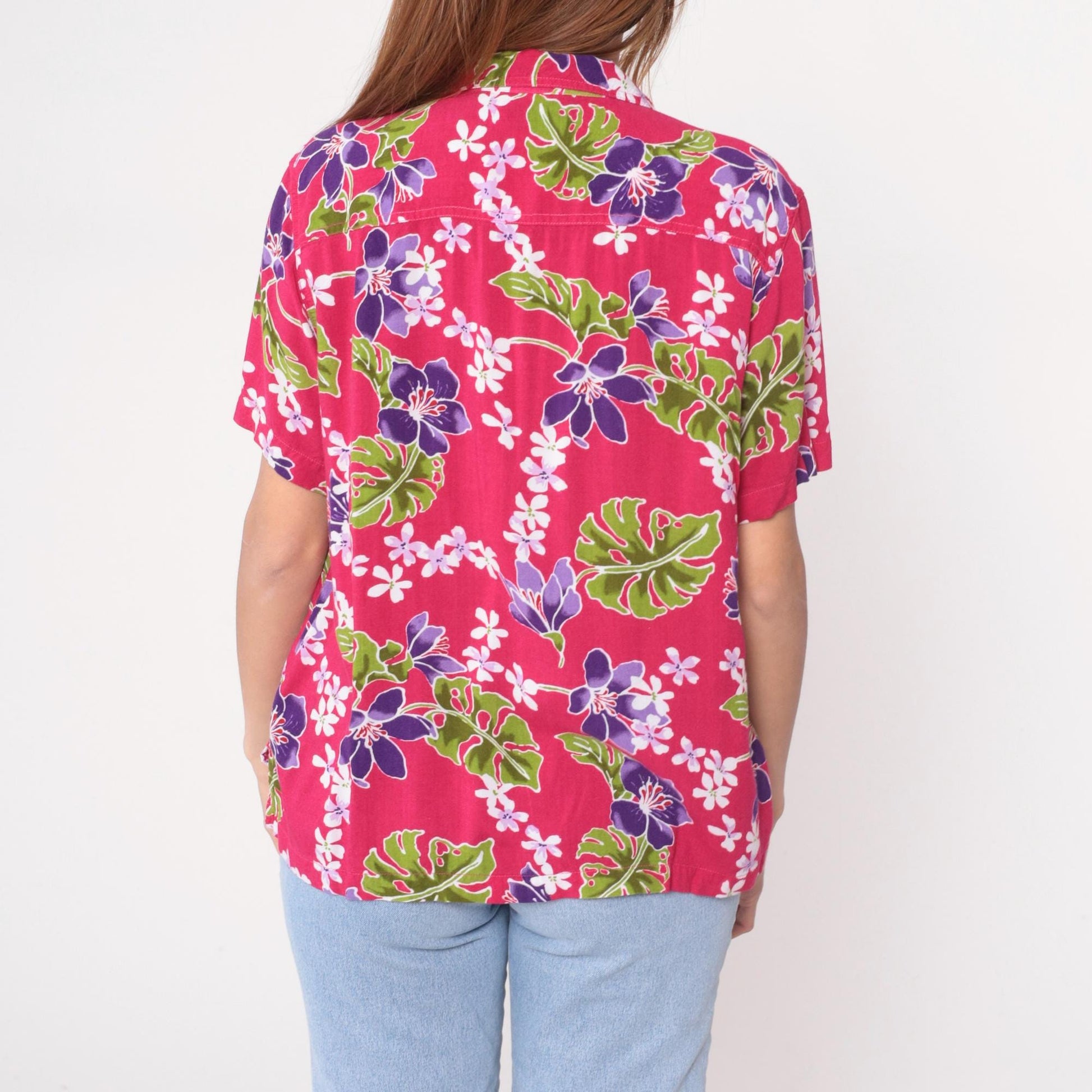 90s Basic Editions Hawaiian Shirt Fuchsia Floral Tropical Blouse Extra Large XL