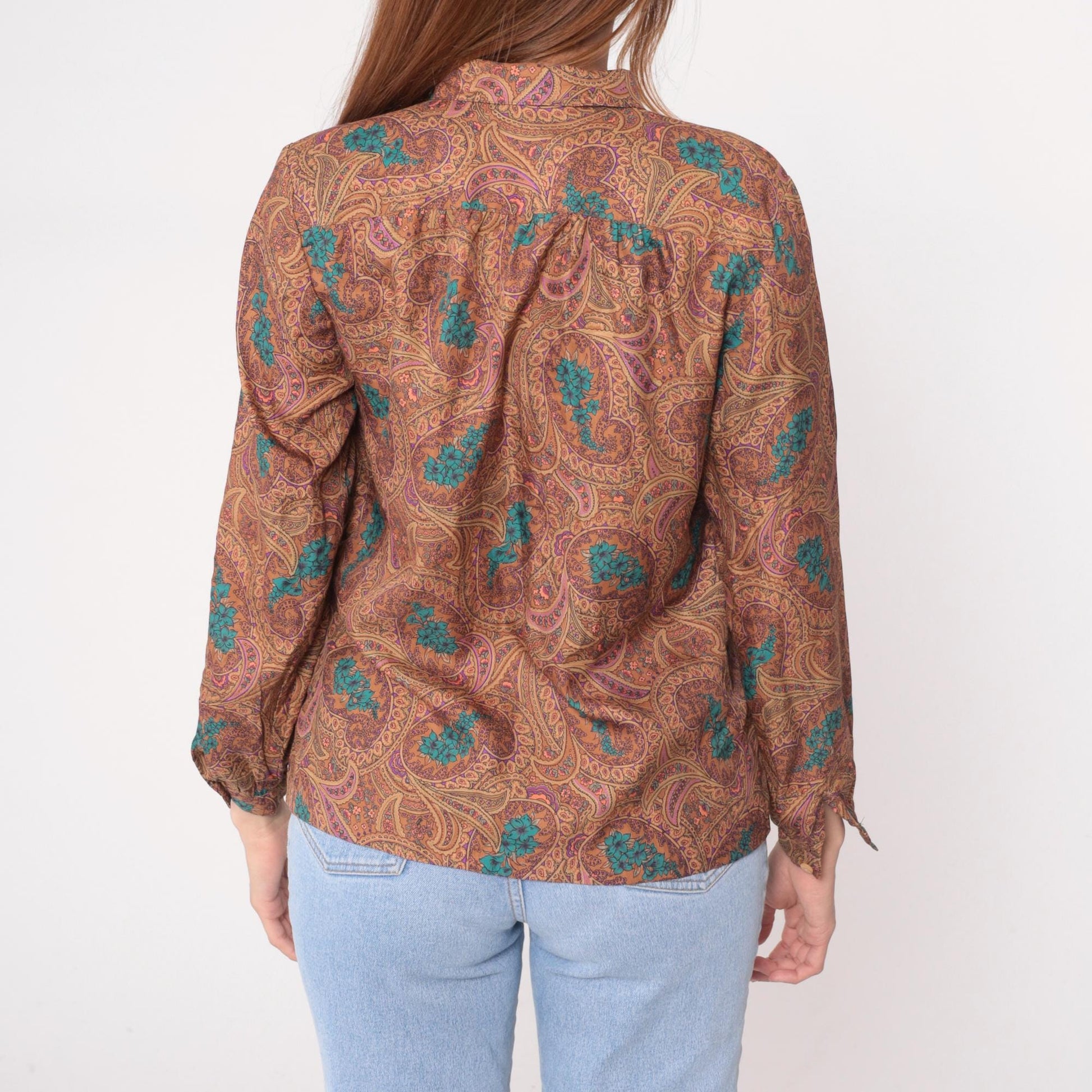 70s Paisley Button-Front Blouse Brown Turquoise Floral Long Sleeve Medium