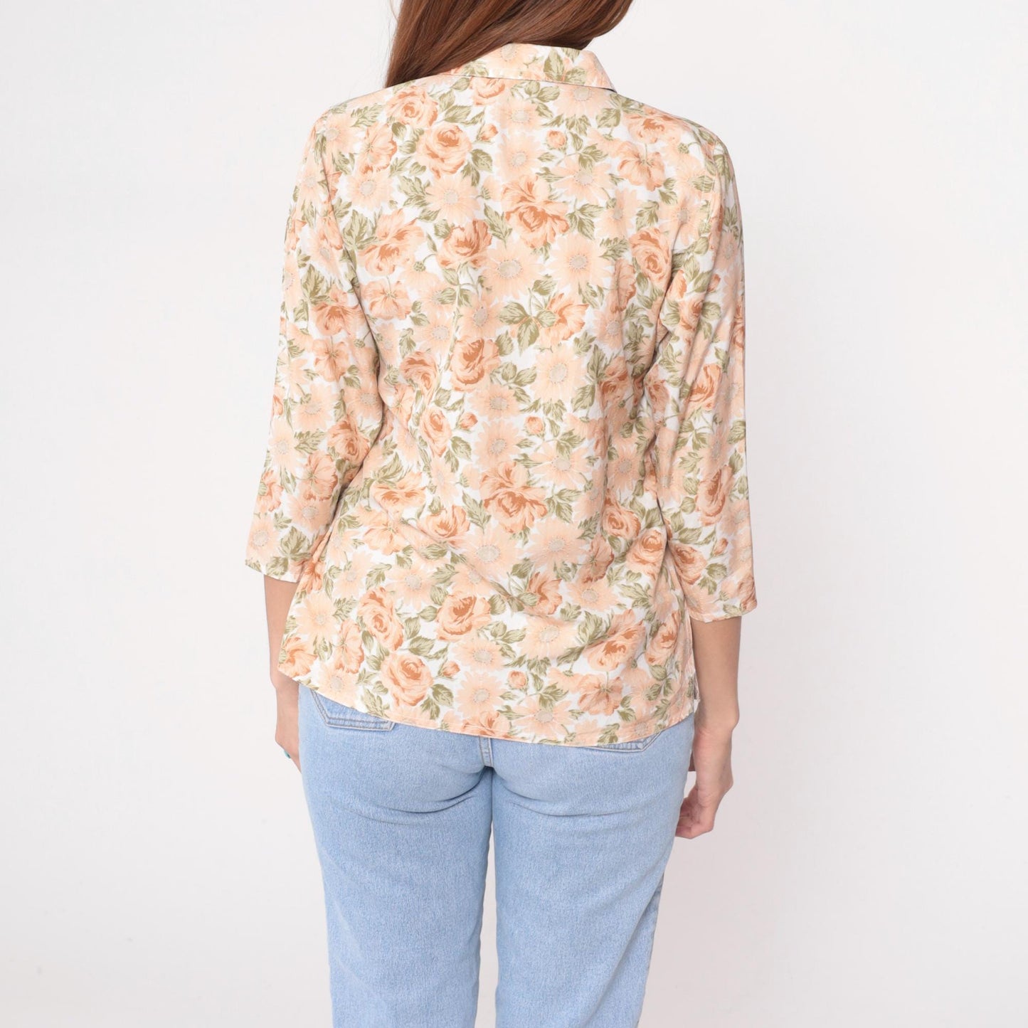 80s Floral Button-Front Blouse Peach Rose Print Cream Notched Collar Medium