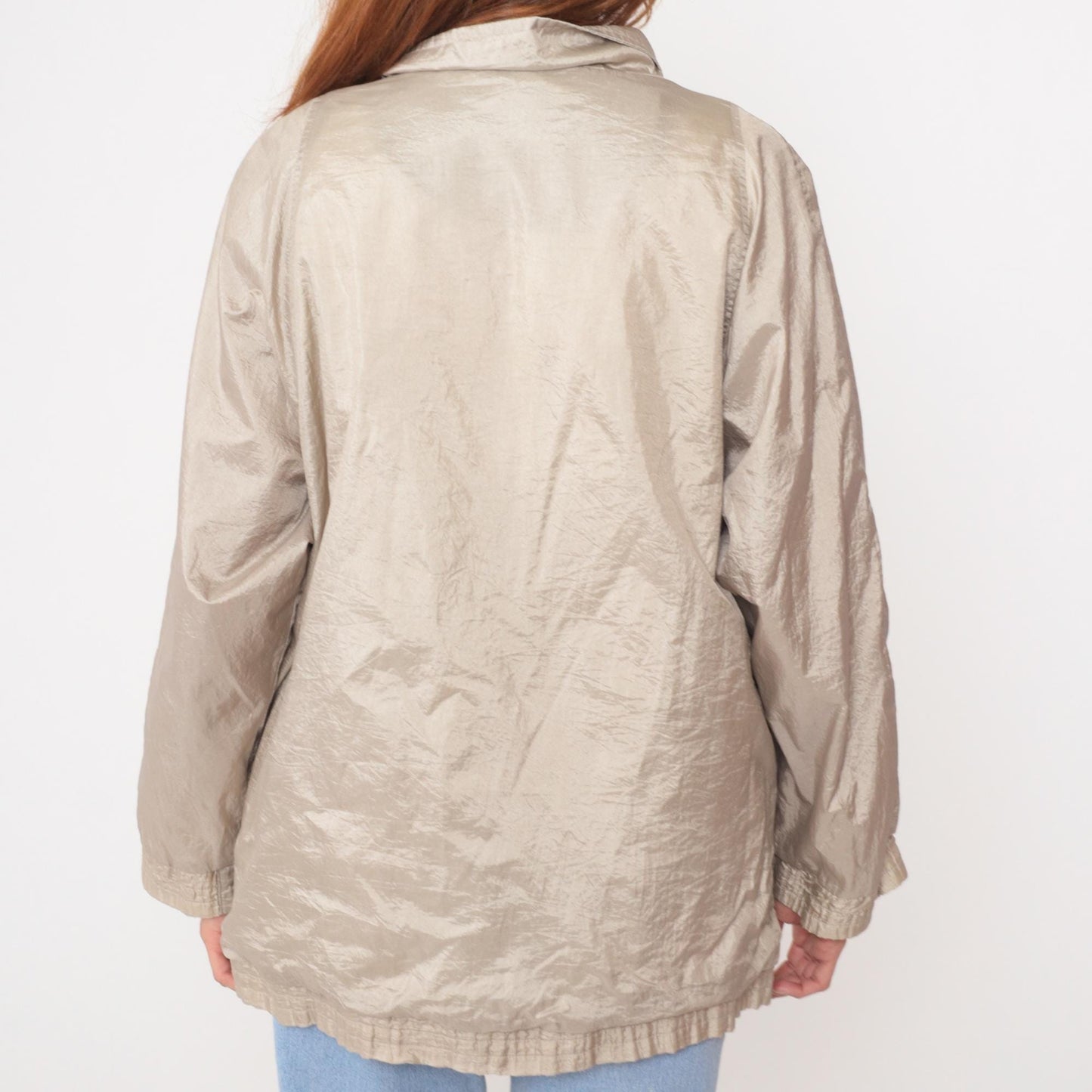90s Haband Beige Nylon Windbreaker Jacket Snap Button Collar Large