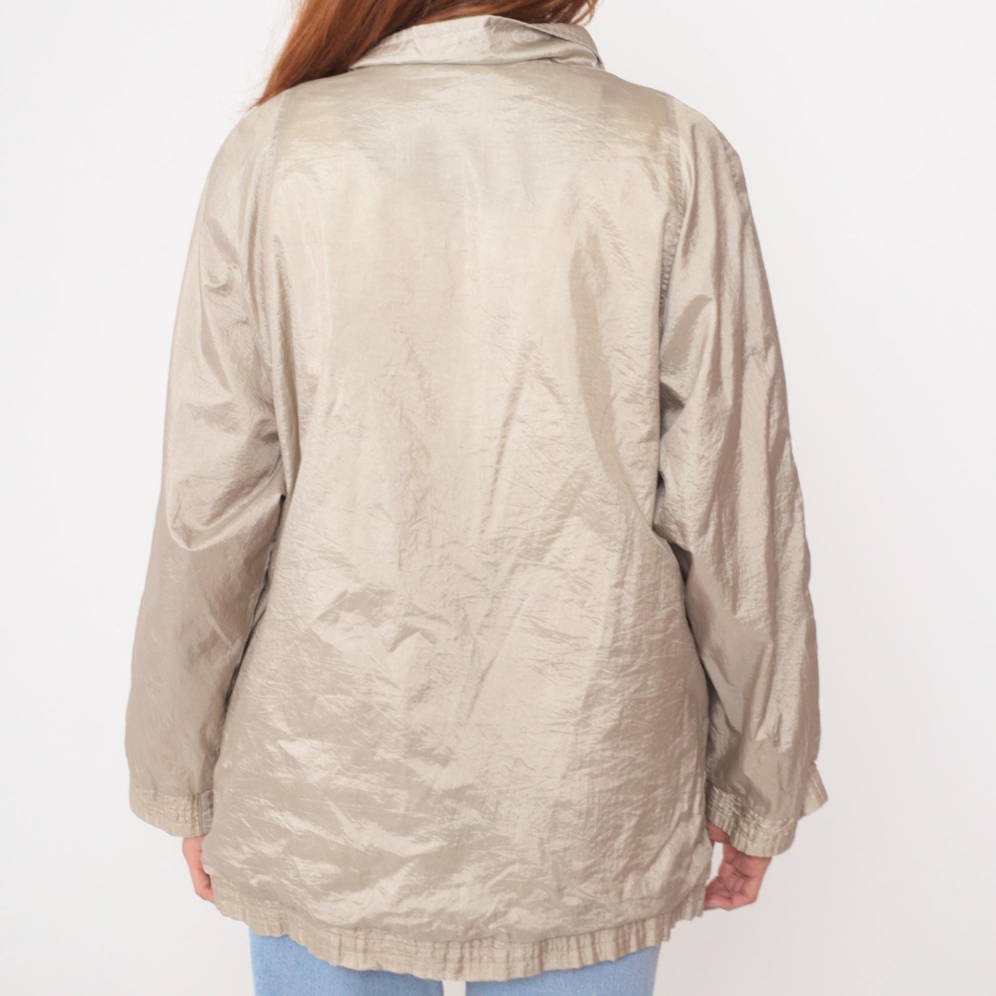 90s Haband Beige Nylon Windbreaker Jacket Snap Button Collar Large