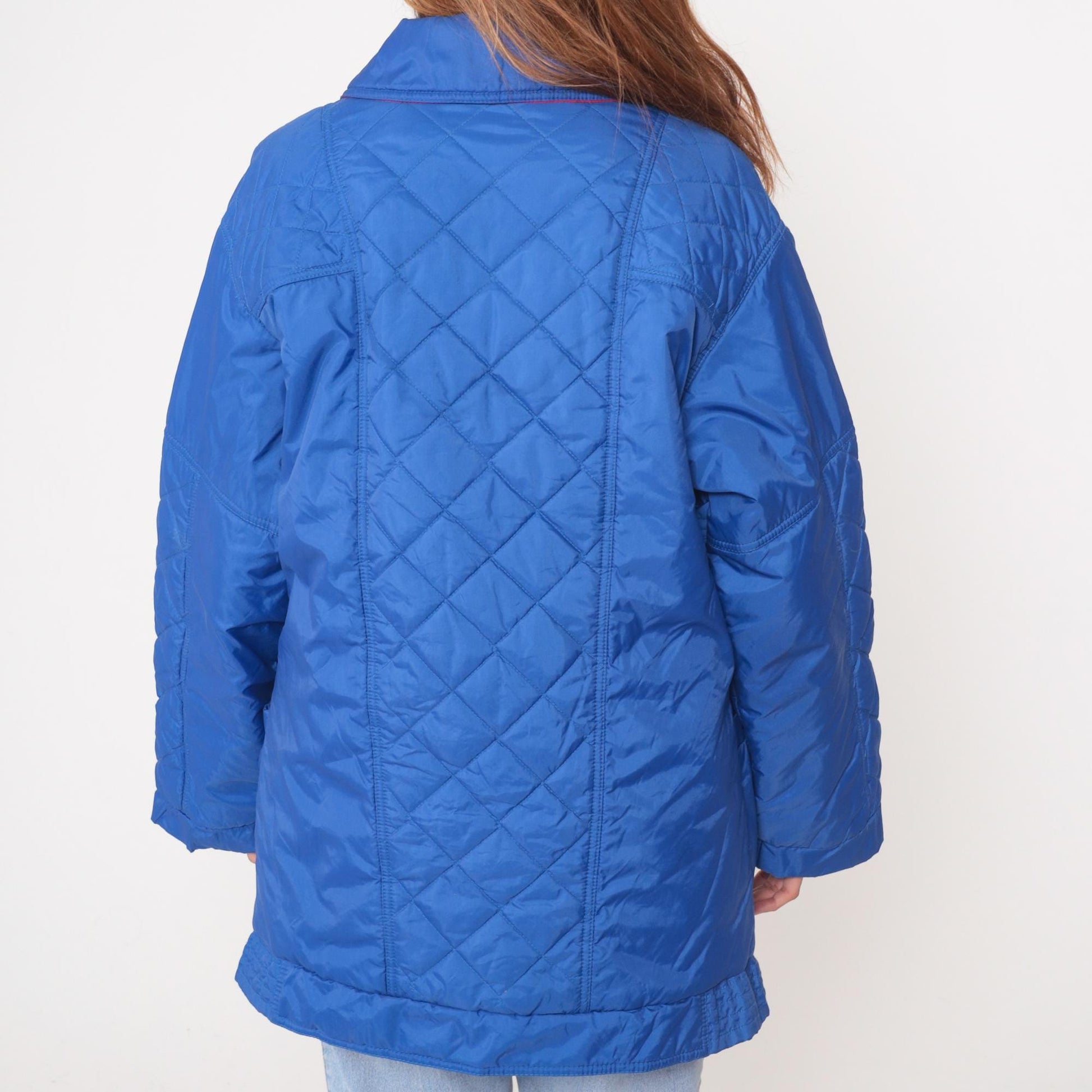 80s Aurora International Blue Quilted Jacket Diamond Pattern Red Lining Medium