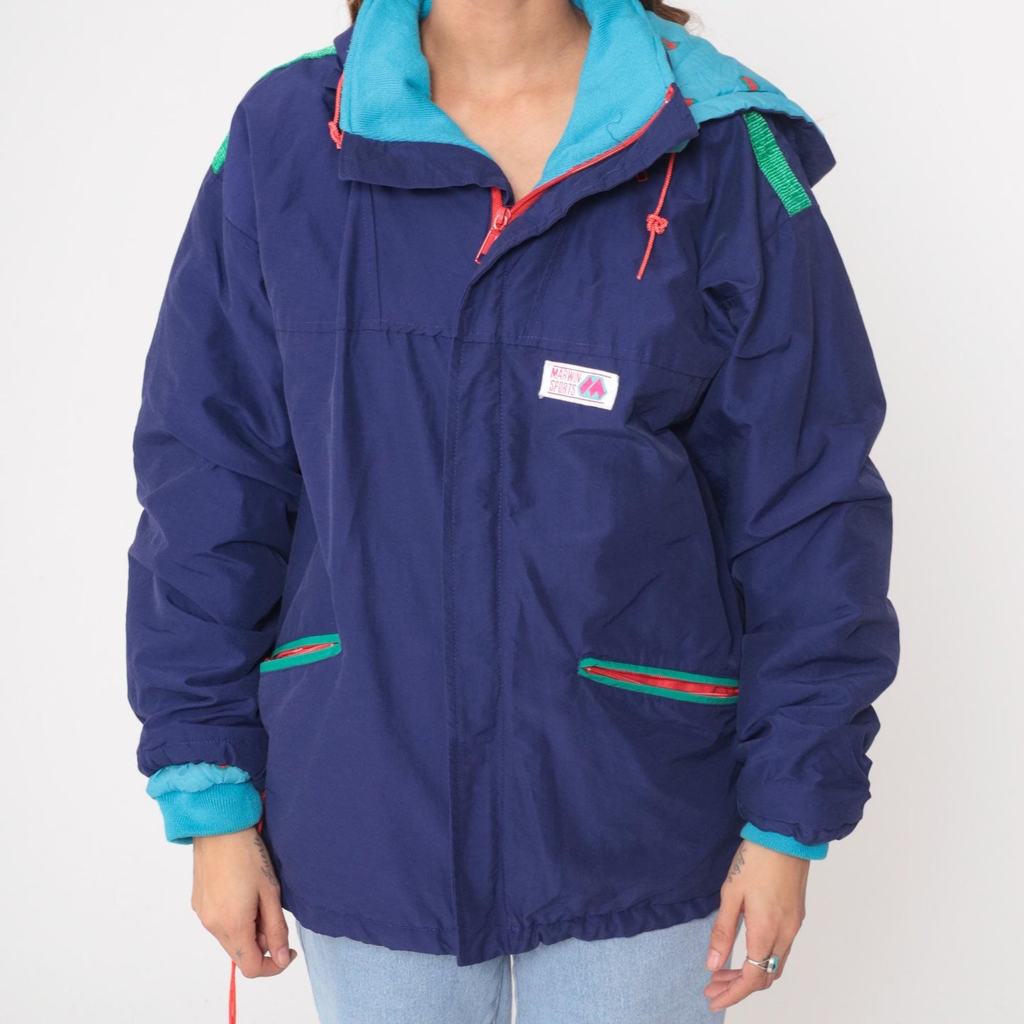 80s Marwin Sports Colorblock Windbreaker Hooded Jacket Blue Small