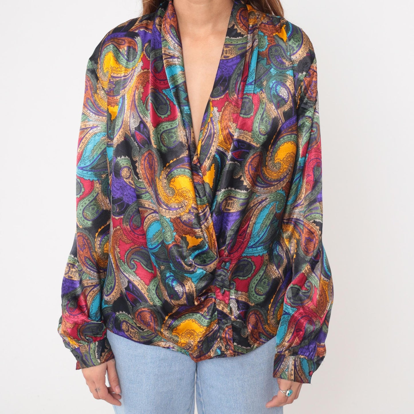 90s Nicola Paisley Wrap Blouse Multicolor Long Sleeve Large L