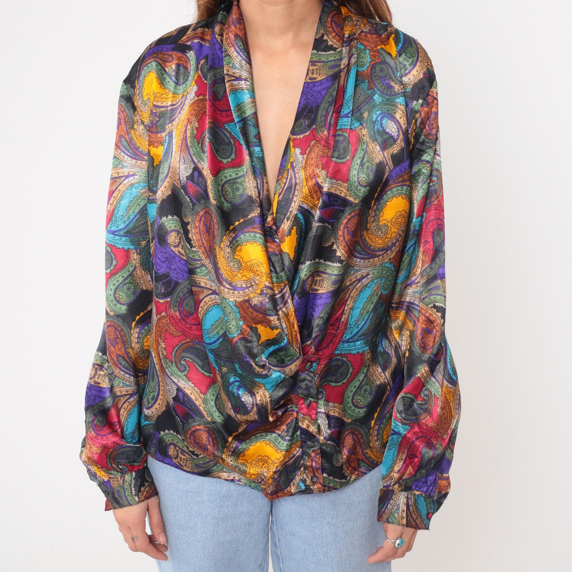 90s Nicola Paisley Wrap Blouse Multicolor Long Sleeve Large L