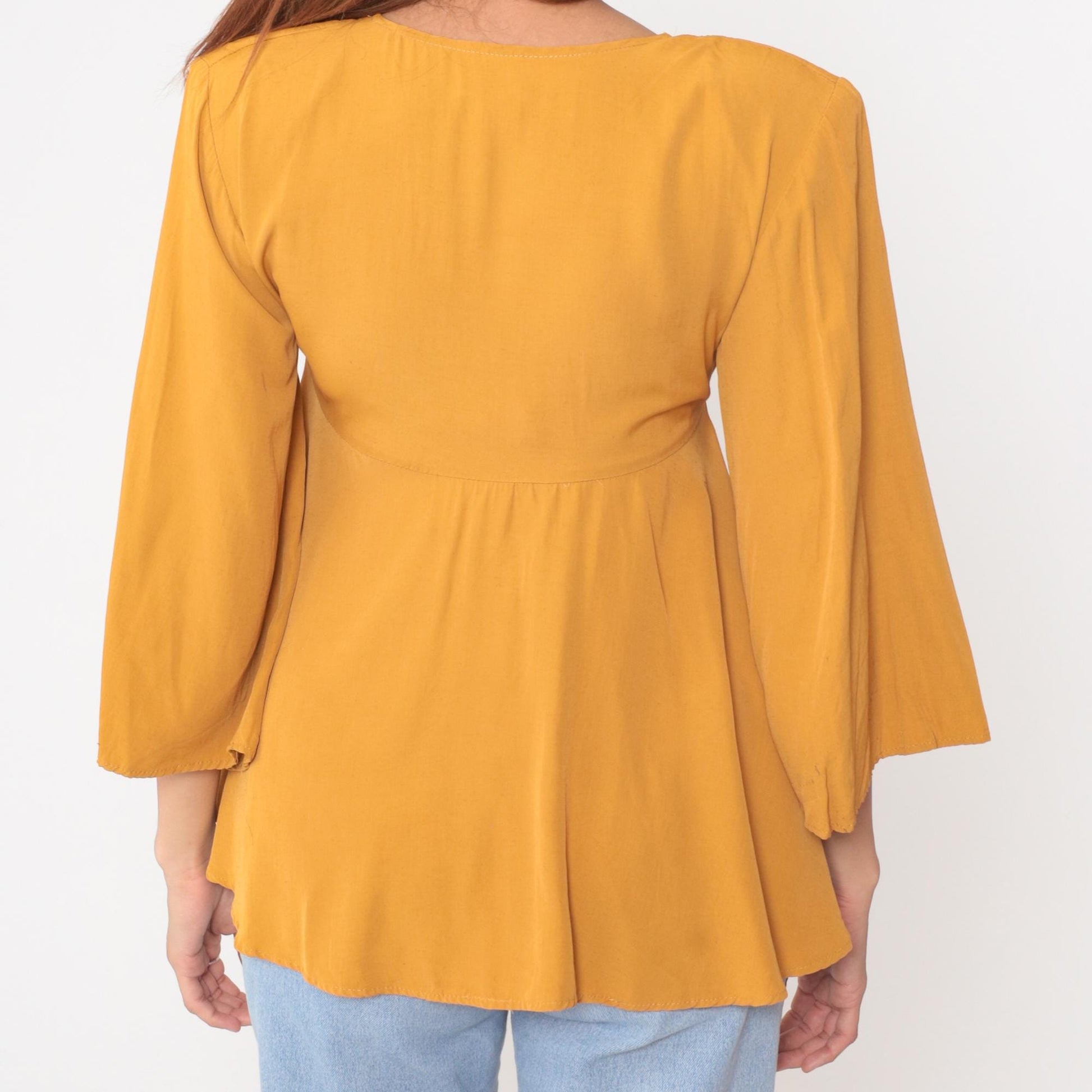 90s Rondo Mustard Yellow Crop Top Deep V Tie Front Peplum Medium M