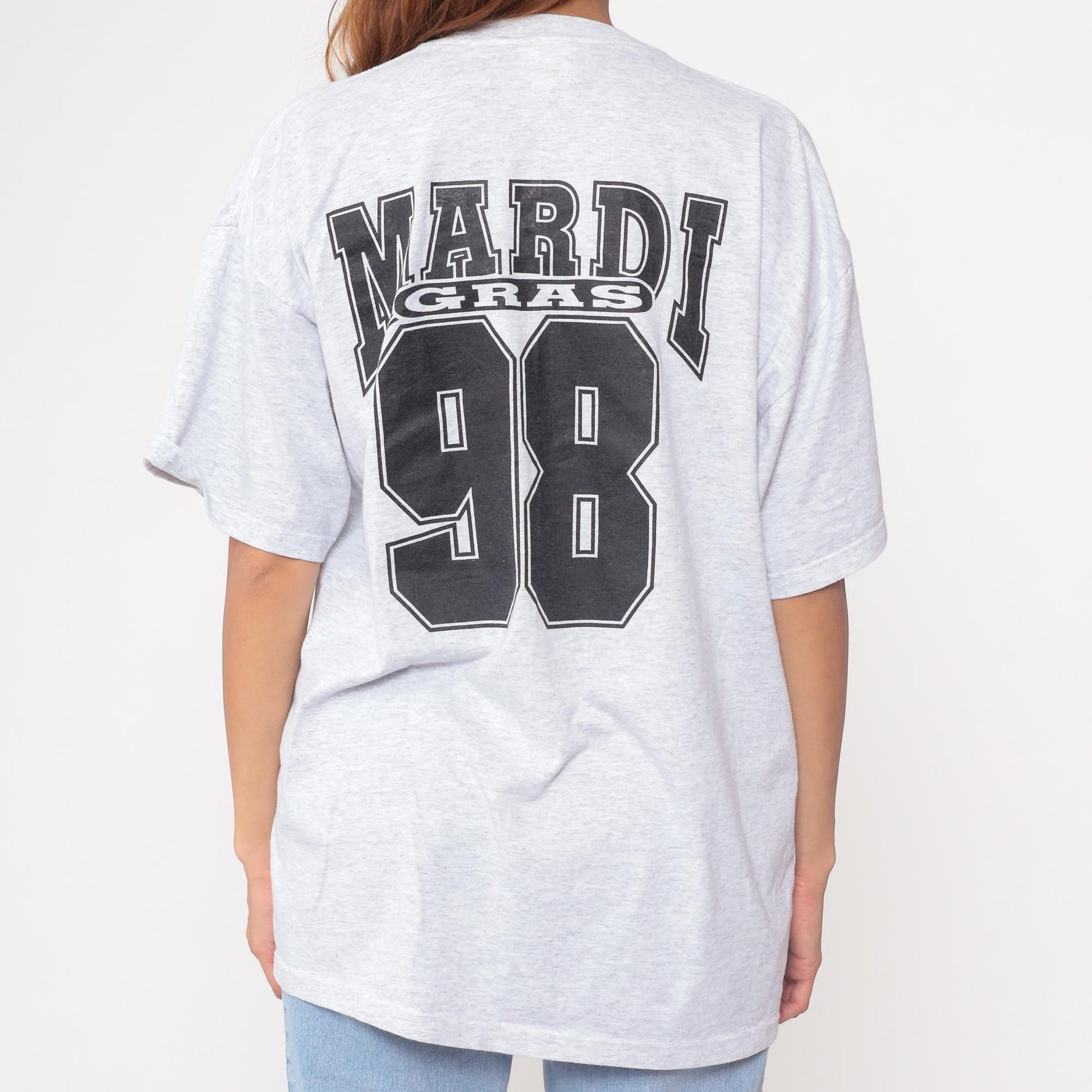90s Mardi Gras 98 Graphic T-Shirt Grey Cotton Jerzees Extra Large XL