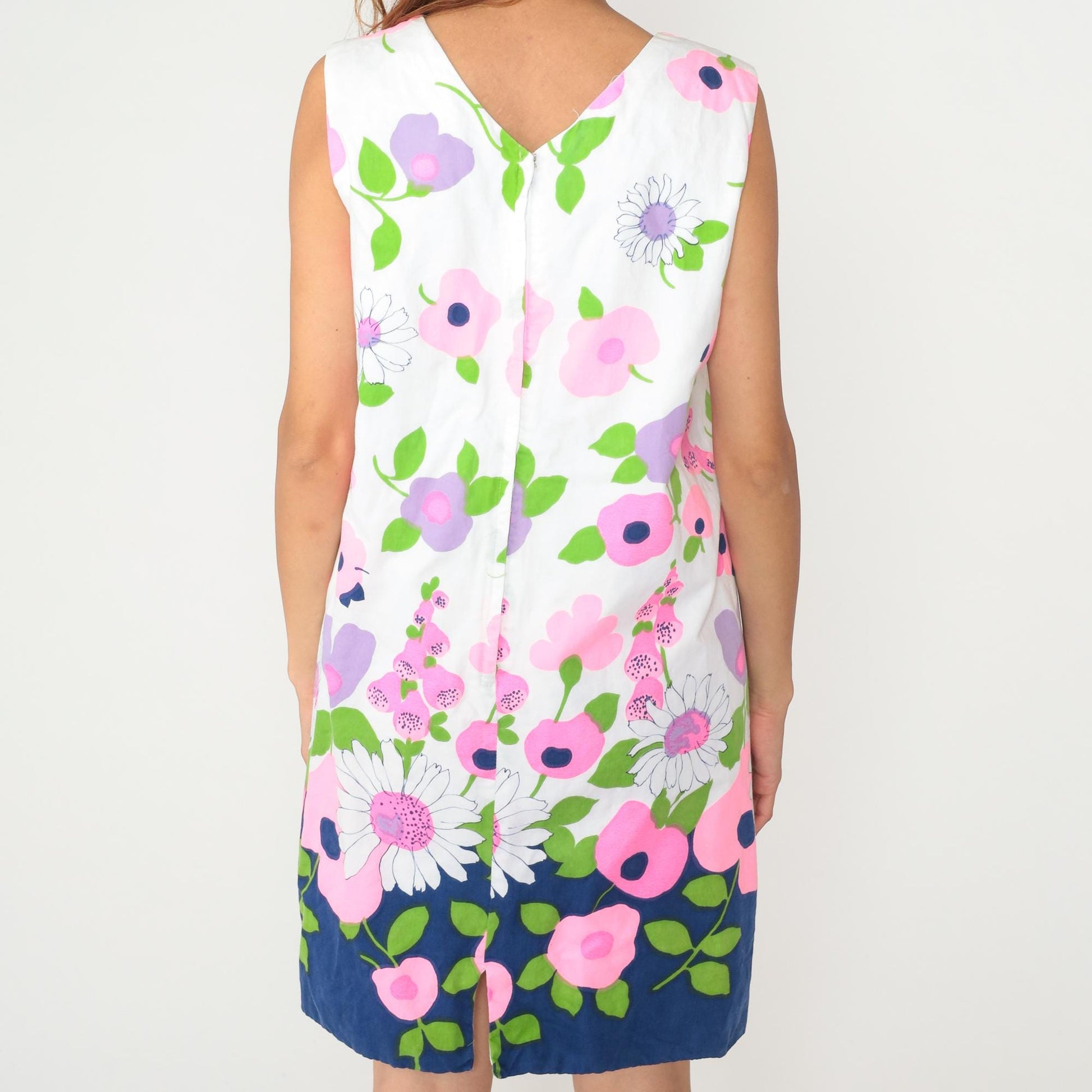 60s Floral Shift Dress Navy Daisy Pink Purple White Cotton Sleeveless Medium