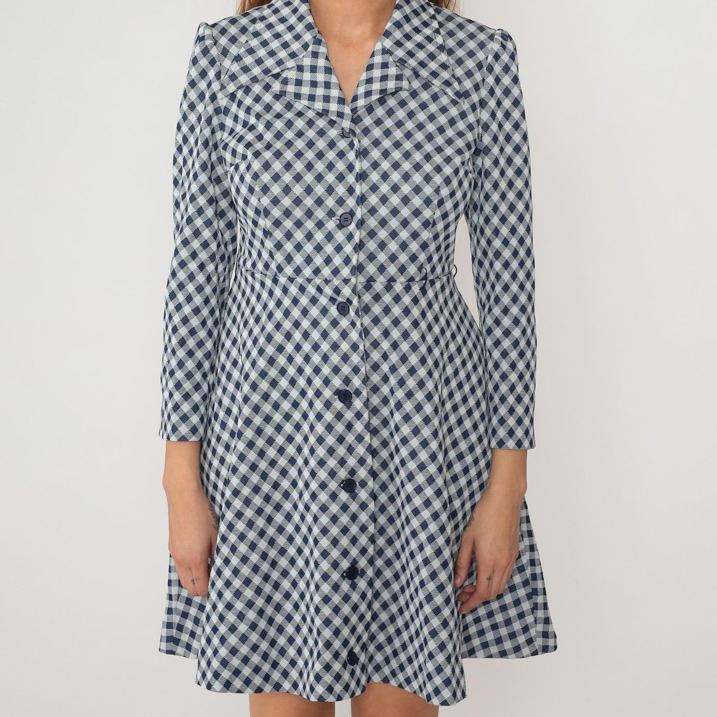 70s Blue White Gingham Check Dress Collared A-Line Long Sleeve Medium