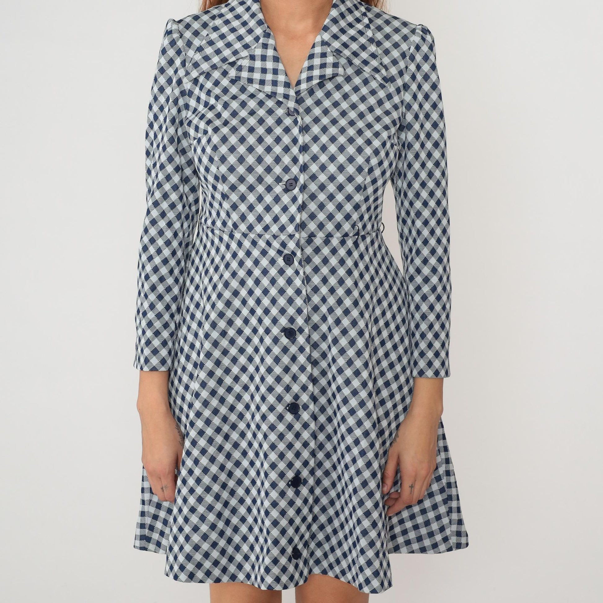 70s Blue White Gingham Check Dress Collared A-Line Long Sleeve Medium