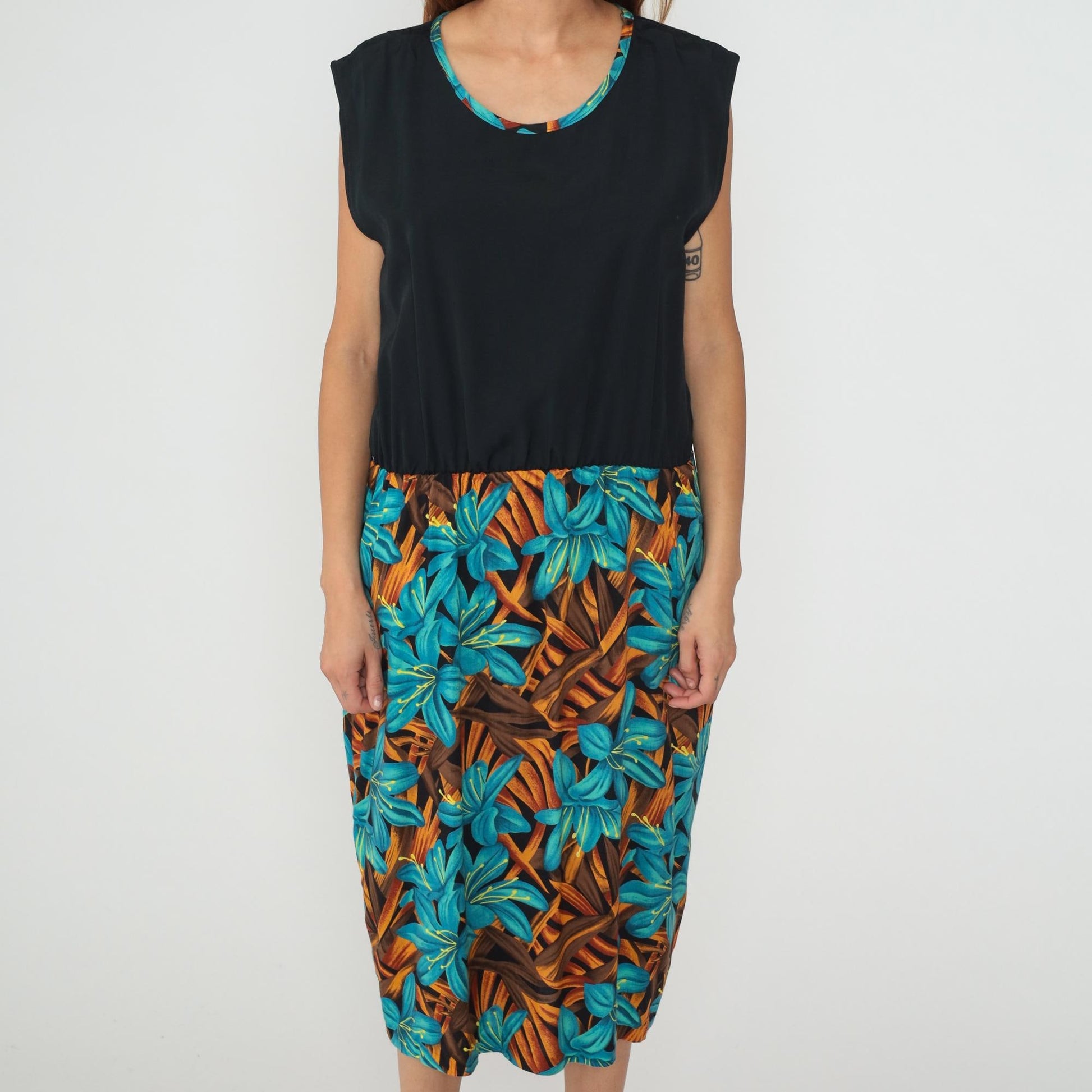 90s Tropical Floral Colorblock Sleeveless Dress Black Turquoise Large L