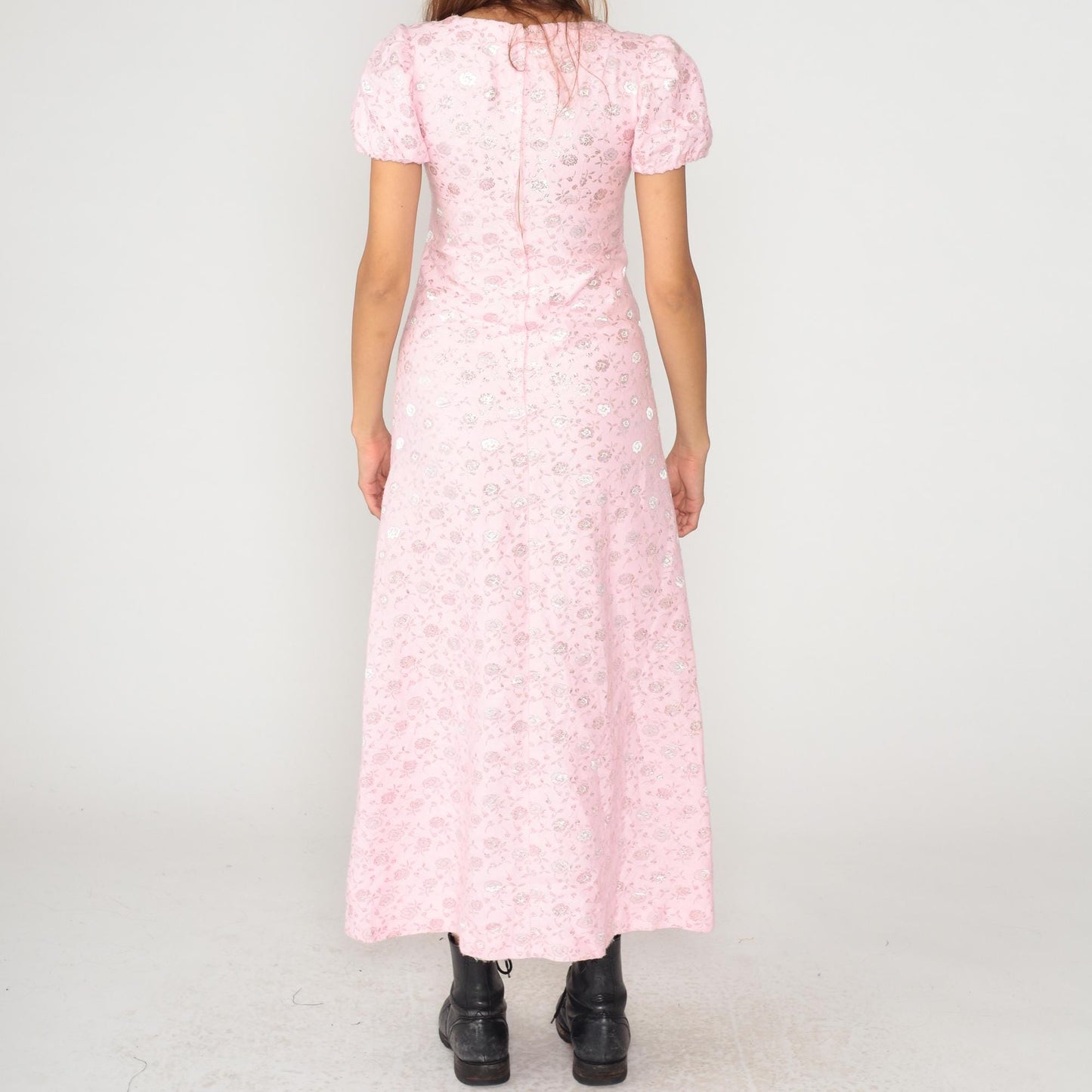70s Pink Floral Maxi Dress Metallic Jacquard Puff Sleeve Small