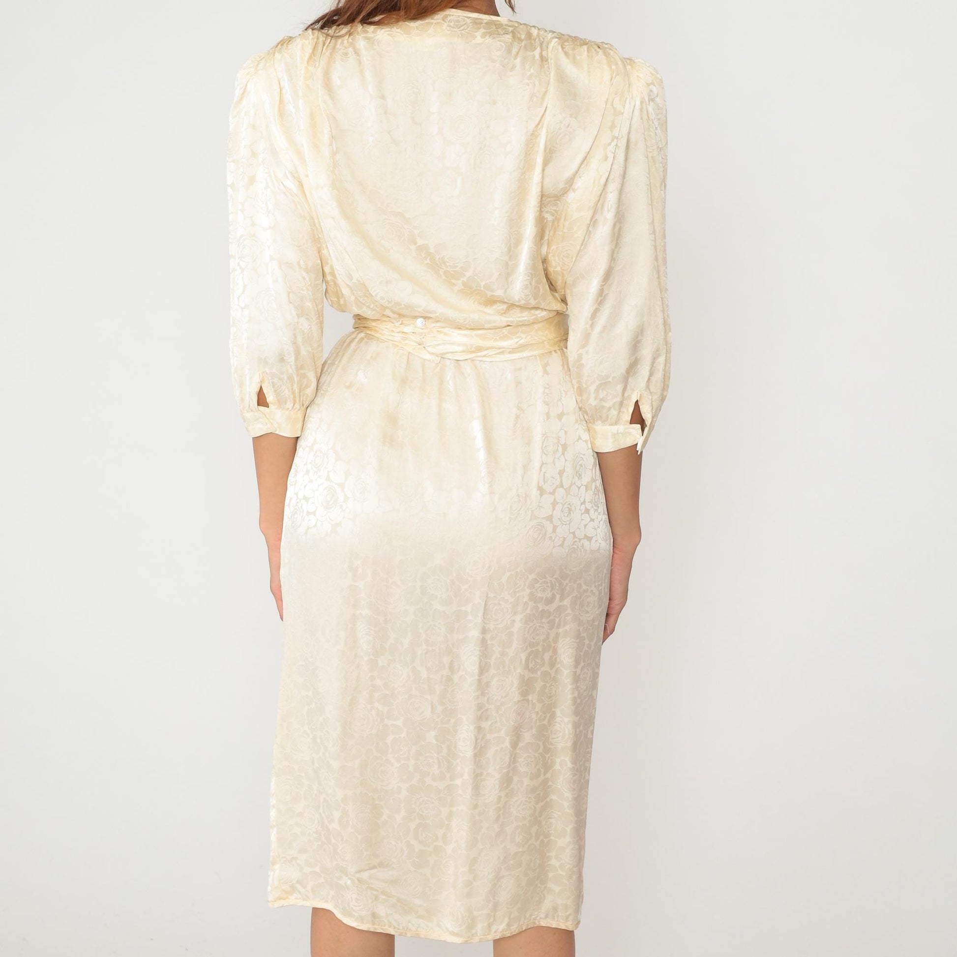 90s Argenti Silk Wrap Dress Cream Floral Jacquard V-Neck Small S