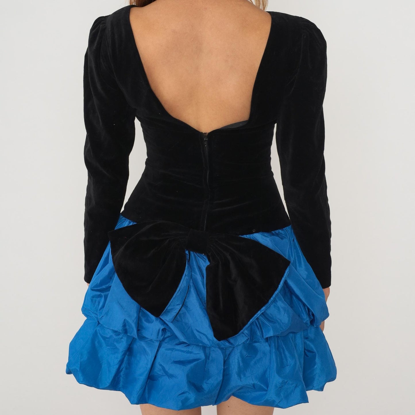 80s Black Velvet Blue Ruffle Puff Sleeve Backless Dress Small