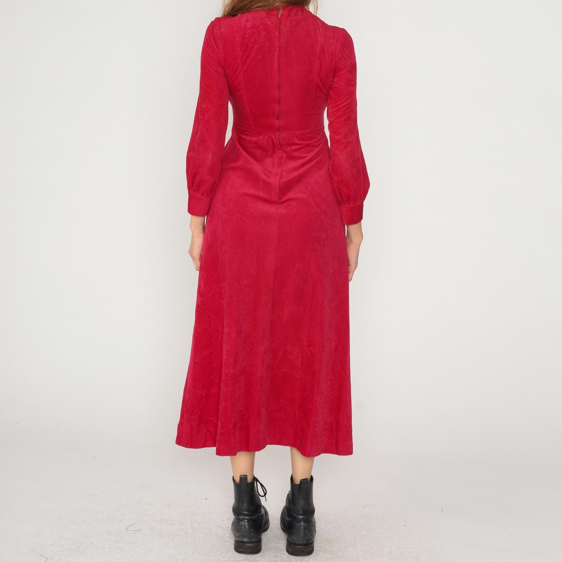 70s Burgundy Velvet Maxi Dress Lace Bib Mock Neck Button Front Extra Small