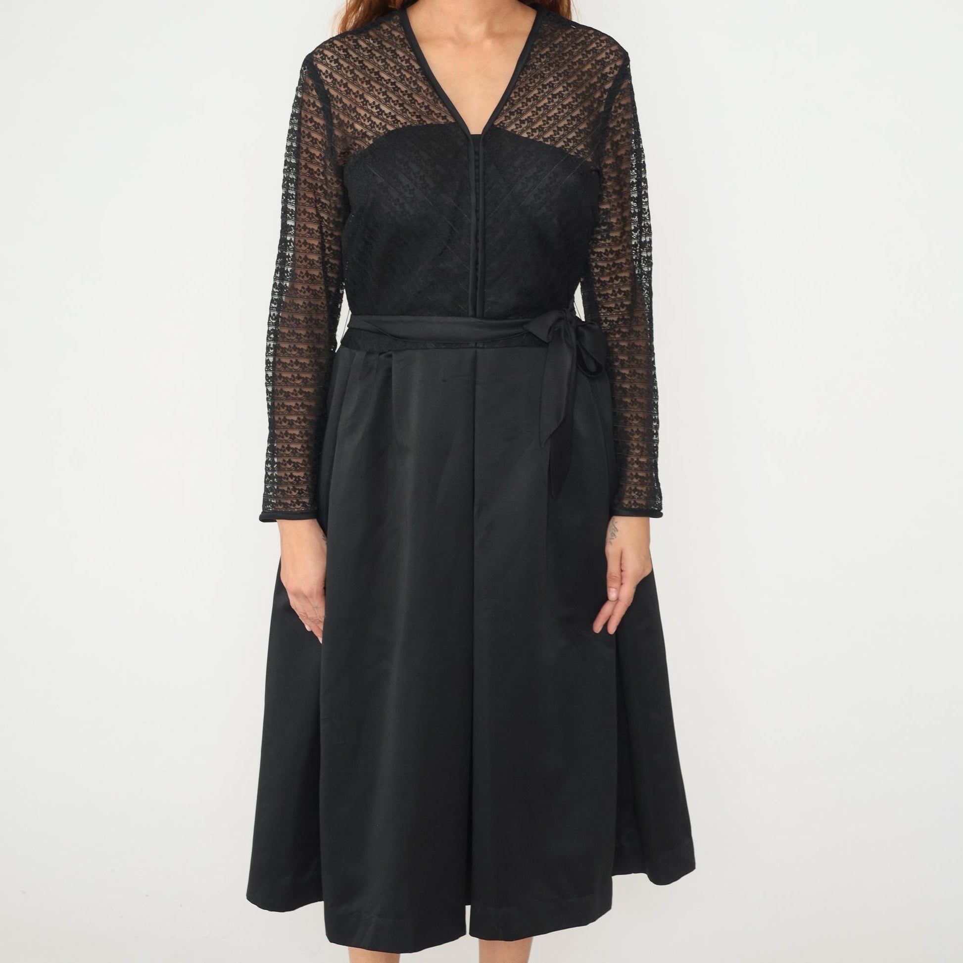 60s Herman Marcus Black Lace V-Neck Dress Tie Belt Midi Medium M