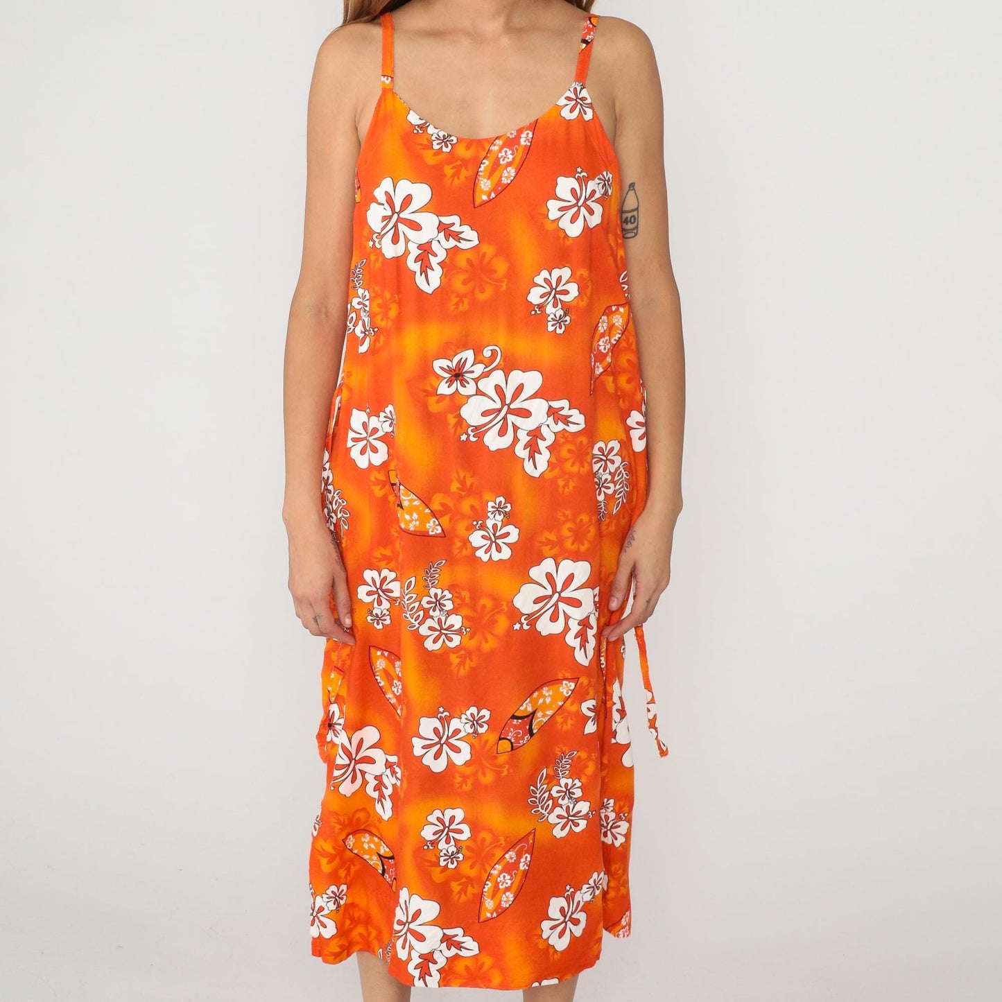 Y2K Orange Hawaiian Hibiscus Maxi Dress Spaghetti Strap Slip Large L