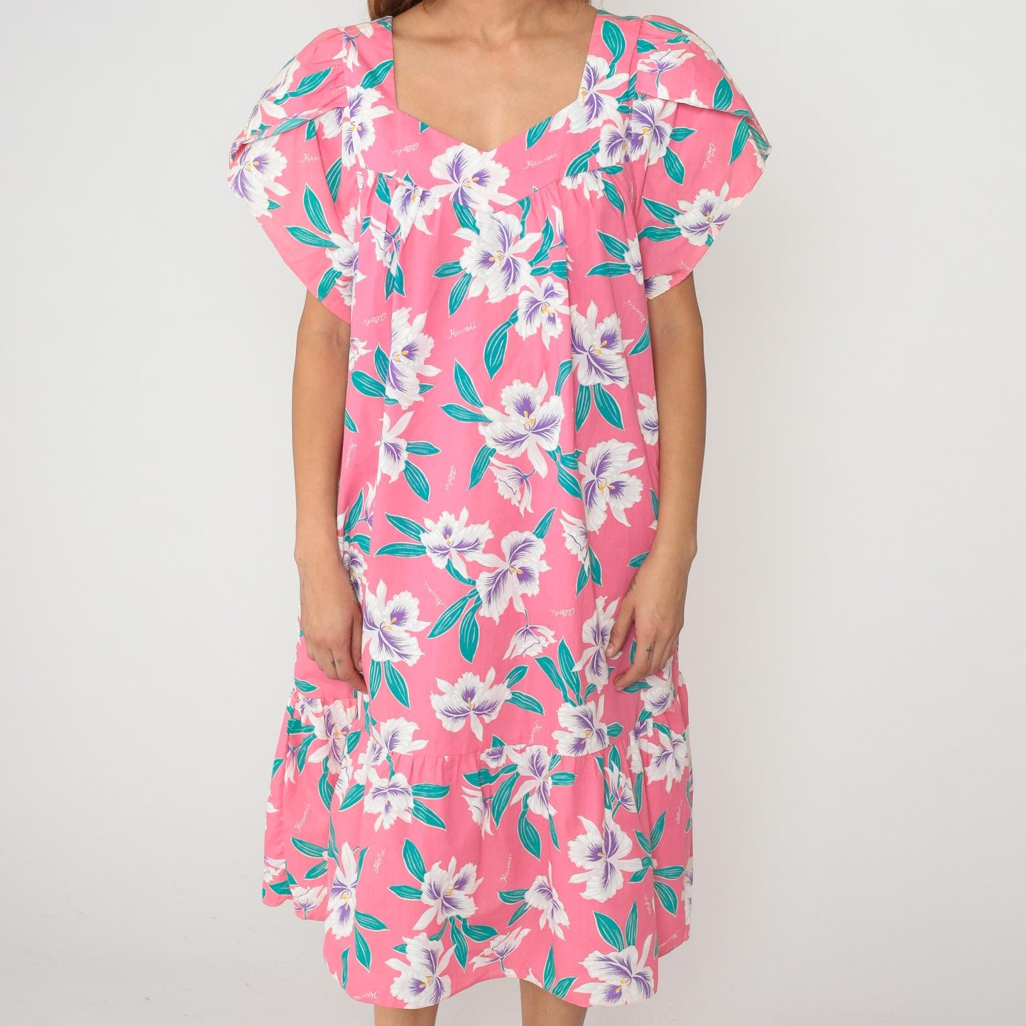 80s Pink Hawaiian Floral Dress V-Neck Flutter Sleeve Knee Length Plus Size XXL